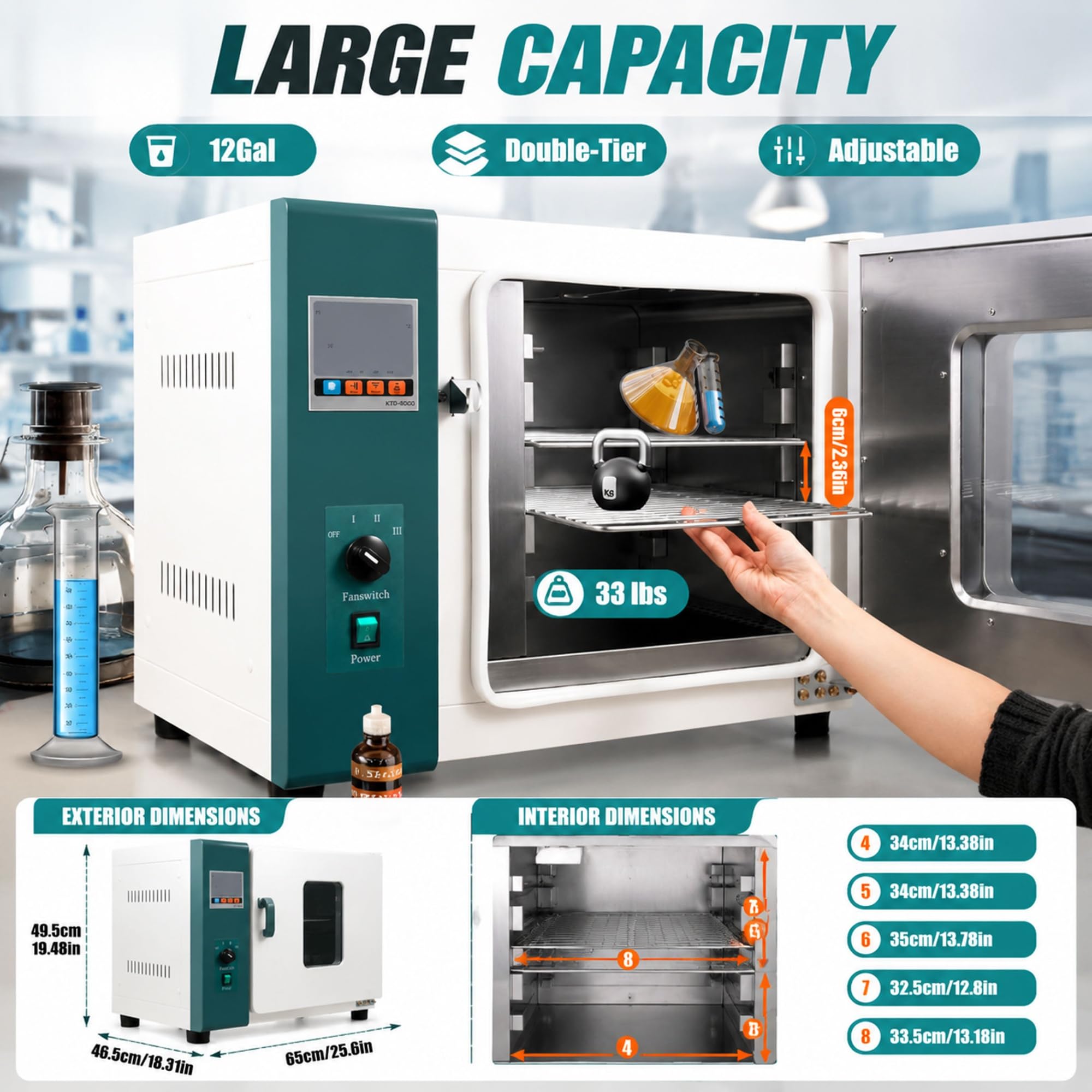 Forno essiccazione da laboratorio 110V 1000W 45L, forno polimerizzazione | Stufa essiccazione a convezione forzata 45L/12Gal con display LCD e doppio vetro temperato per industria e scuole