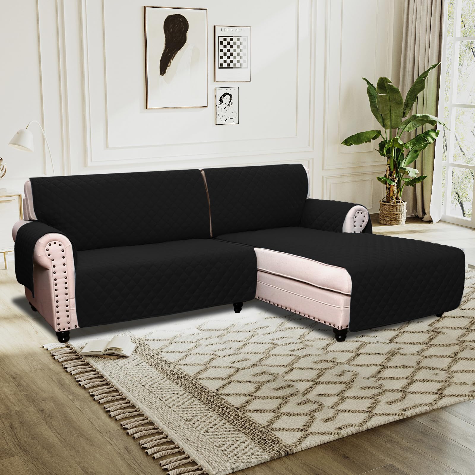 BellaHills Sofa Cover L Shape 2 Piece Couch Cover for Sectional Sofa Non Slip Corner Sofa Cover Water Resistant Chaise Sofa Cover for Dogs (Right Chaise Lounge + 2 Seater, Black) โ image 1