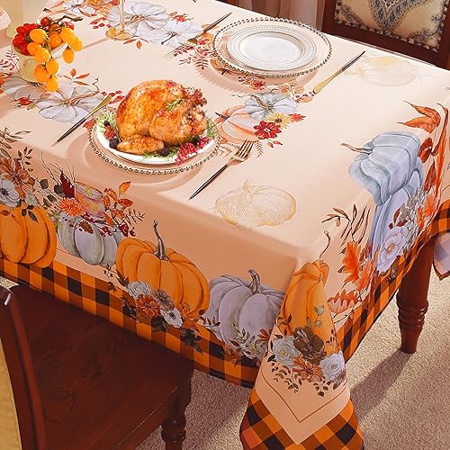 Miniatura 10 de SASTYBALE Mantel rectangular de Acción de Gracias de 60 x 120 pulgadas, manteles de calabaza con patrón de elementos otoñales, mantel lavable y