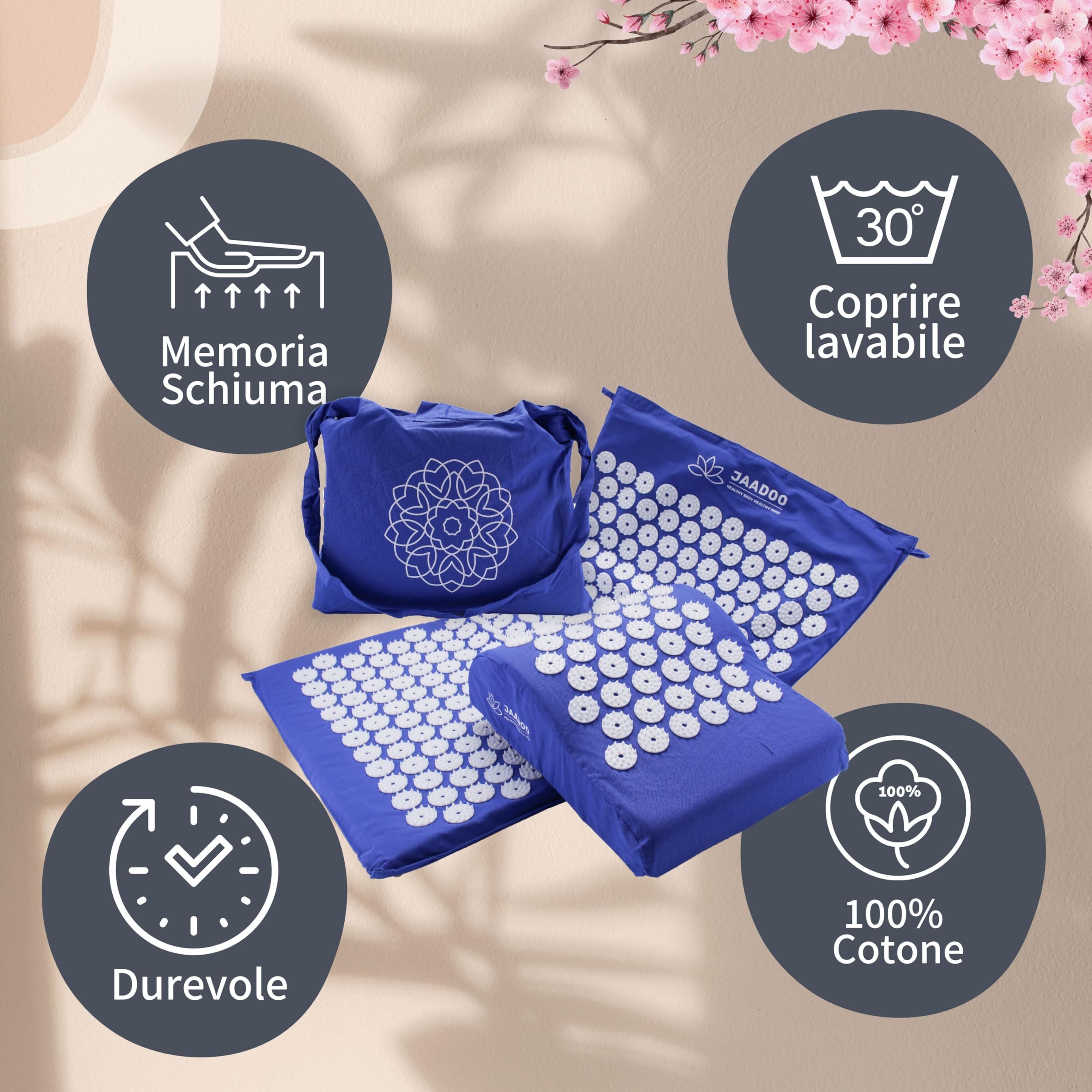 riijk Set Tappetino per Agopressione in Memory Foam + Cuscino + Sacchetto | Modello 2021 | Tappetino per Agopuntura | Tappetino per Massaggio | Tappetino ad Aghi | Tappetino Fachiro