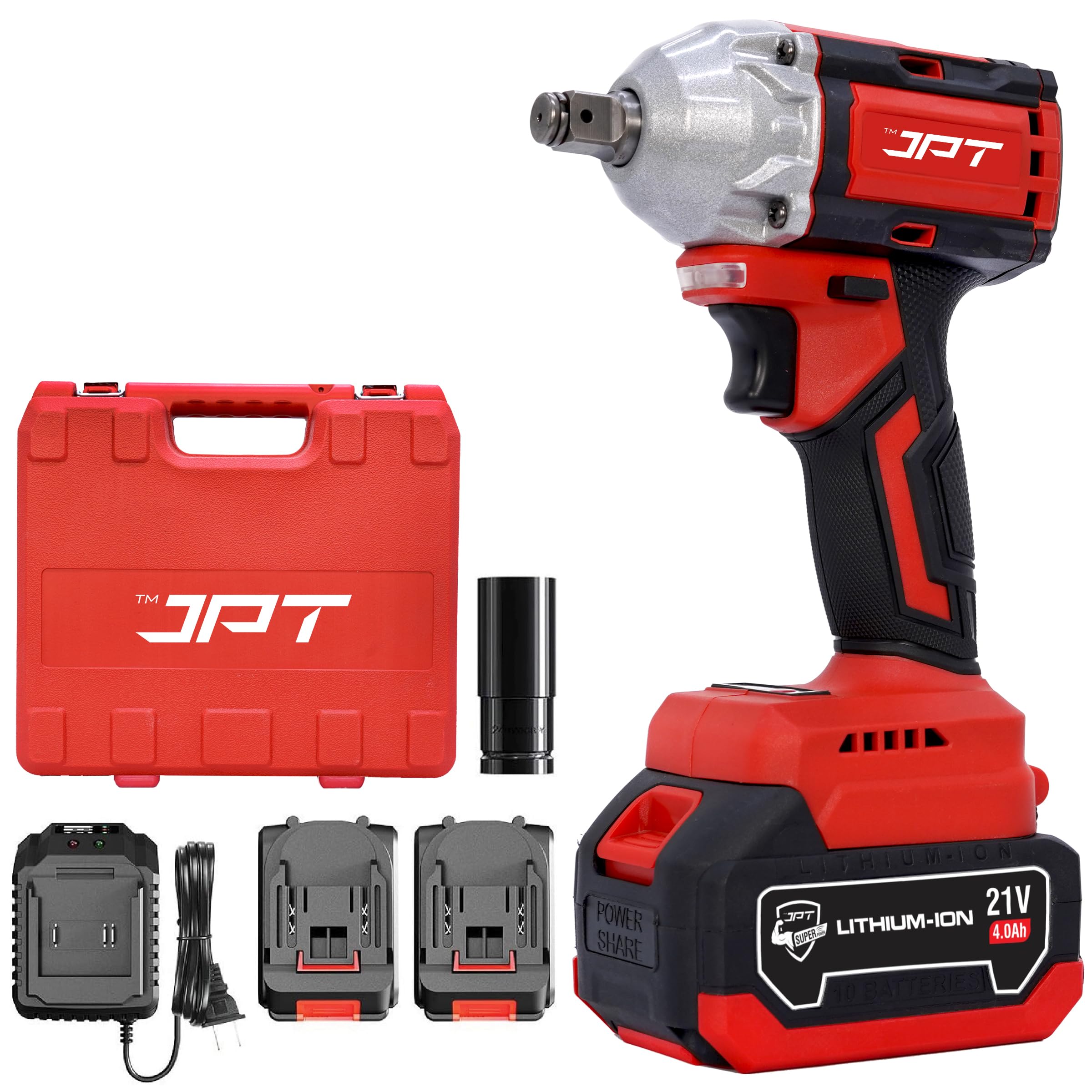 JPT Cordless Impact Square Drive Wrench 1/2 Inch, 258 Ft-Lbs (350 N.M) Torque, 4300 RPM Brushless Electric Impact Gun With 4.0 Ah Battery, Fast Charger, And LED Light