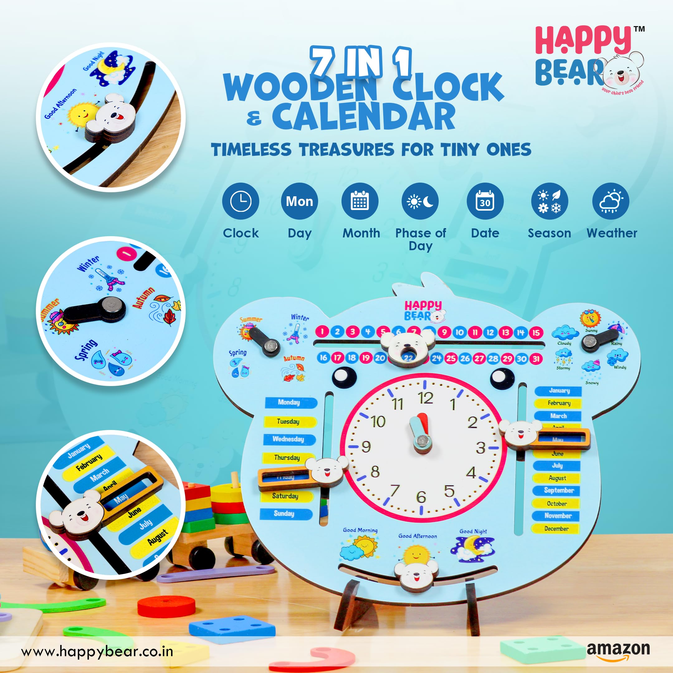 Happy Bear 7in1 Multifunctional Wooden Calendar Clock for Kids Educational Learning Clock Toy for Toddlers Boys and Girls Preschool Learning Tool Kids Teaching Clocks for 3+ Years(Multicolor) - Image 2 thumbnail