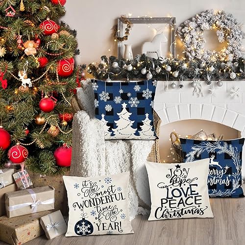 Miniatura 3 de Juego de 4 fundas de almohada azules de Navidad de 20 x 20 pulgadas, diseño de árbol de Navidad, búfalo, ciervo, copos de nieve, invierno,