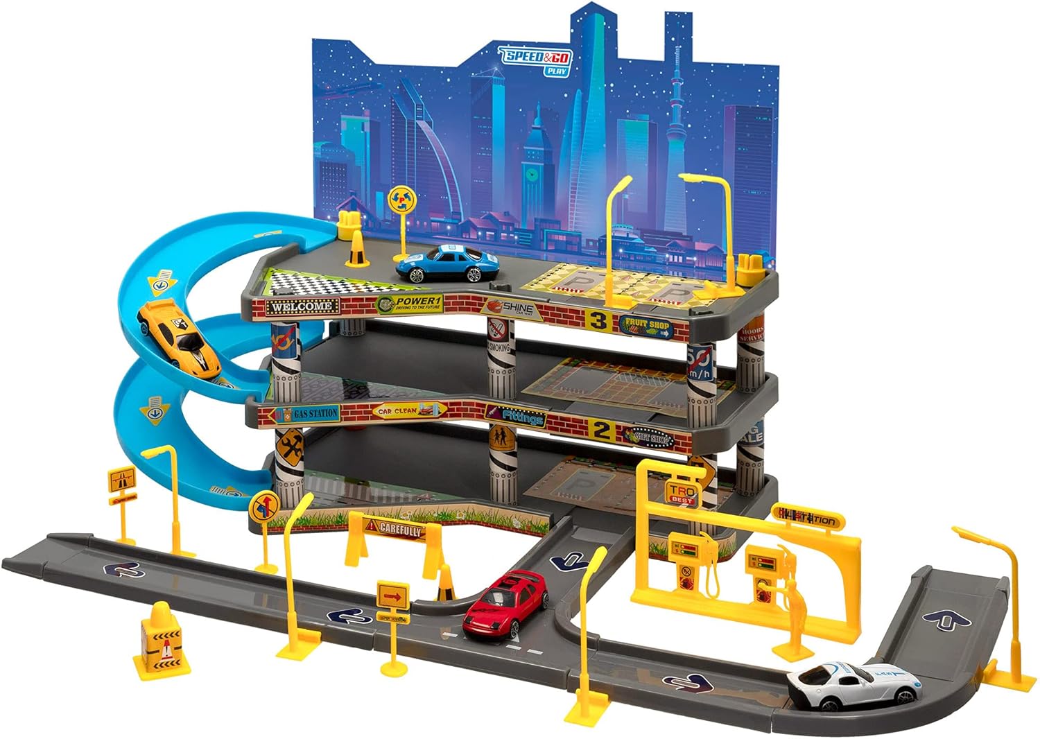 Speed&GO - Parquin de coches juguete, Parking juguete coches, 4 coches metálicos, Rampa coches juguetes, Parking 3 plantas, Para niños a partir de 3 años, Speed & GO (43587)