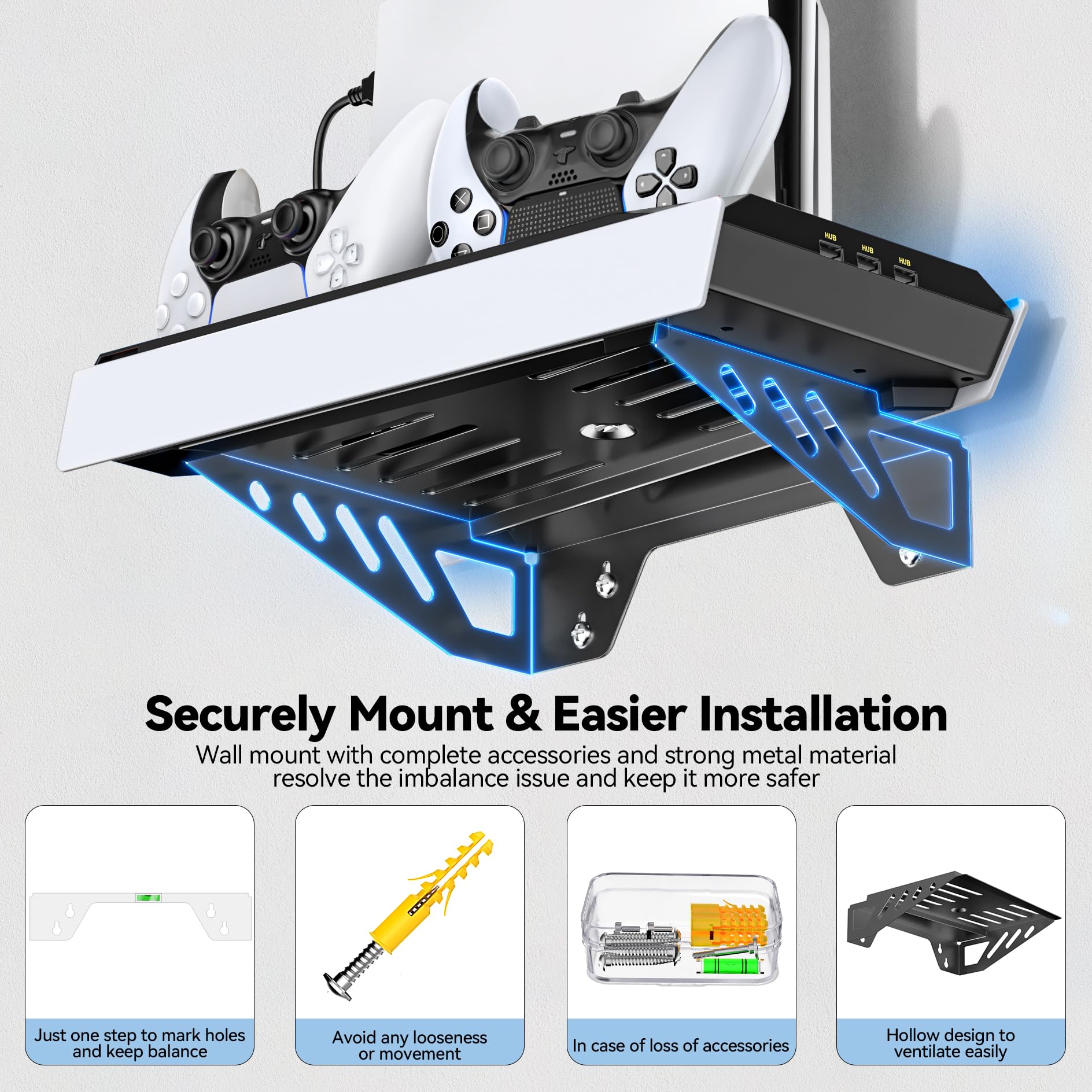 Tokluck Support Mural PS5 - Station de Refroidissement pour PS5 Slim/Original Disc & Digital, Ventilateur à 3 Niveaux, Accessoires pour Chargeur Manette