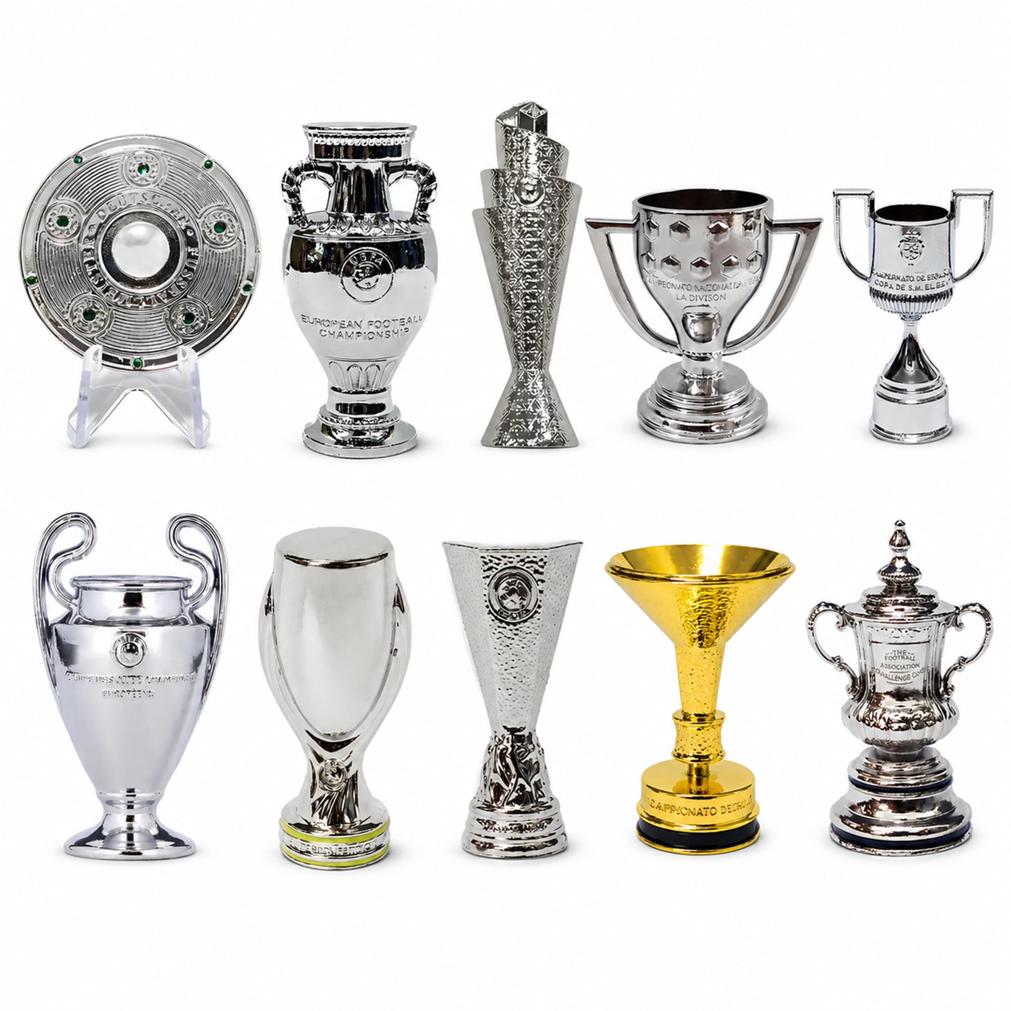 Mini FußBall Trophäe Set aus Metall Sammlermodell der Champions Pokal Souvenirs der Fussball Liga Schreibtischdekoration für Fussallfans zu Hause und Im Büro Festtagsgeschenke,10pc