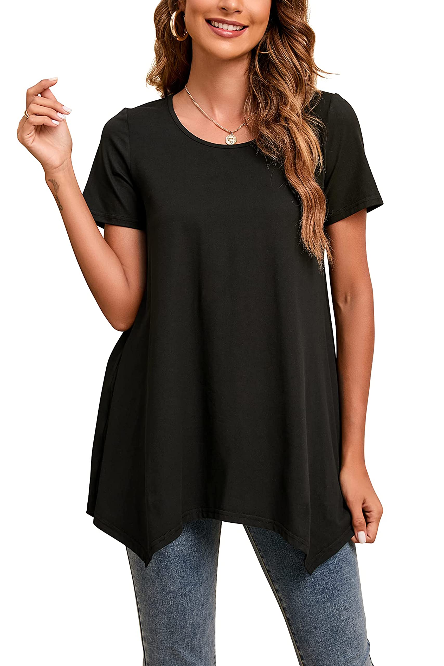 ENMAIN Tunic Tops for Women Plus Size Short Sleeve Top Loose Fit Dressy Casual Swing Summer Tunics Tops to Wear with Leggings
