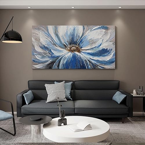 Miniatura 4 de Arte de pared en lienzo de flores para sala de estar, gran imagen de flores blancas y azules, pintura de impresión giclée, decoración de pared, arte