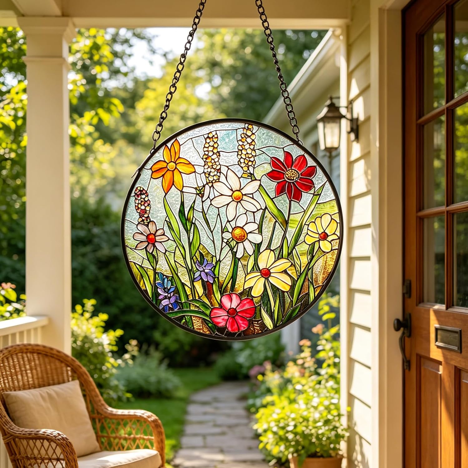 Stained Glass Window Hanging - Wildflower Stained Glass Scenery Sun Catchers for Window Home Decor, Diamond Glass Panel Hangings Suncatcher Decor for Birthday for Women, Men, Wife and Mom 6.3 in