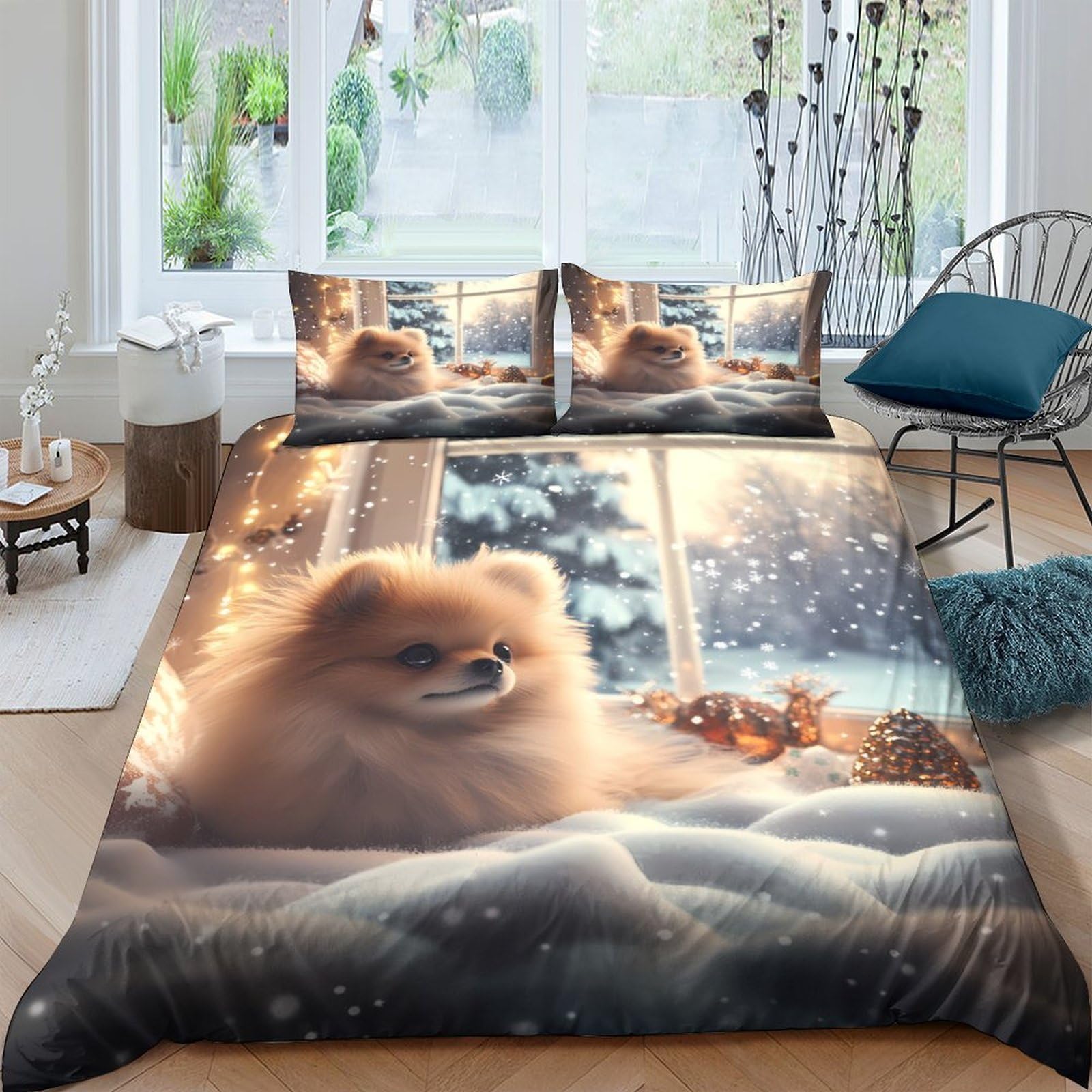 Ctjqhvkz Style-3 3D Printed Fluffy Pomeranian Winter Scene Fitted Sheet Microfiber Soft Cozy Dog Bed Cover For Bedroom Dorm Decor Single（135X200cm）