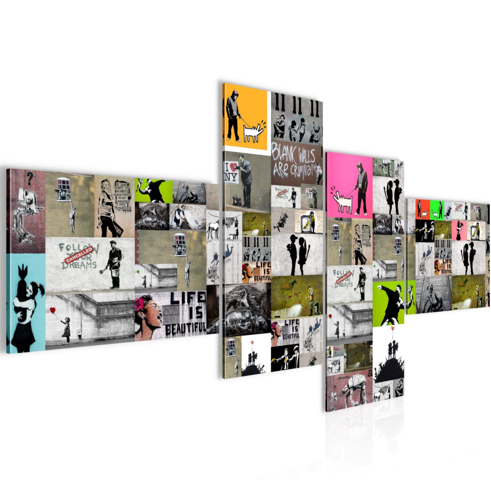 Set Di 4 Quadri Street Art Banksy - Runa Art - Stampa Su Tessuto Non Tessuto - Made In Germany - 4 Pezzi Colorati - 5