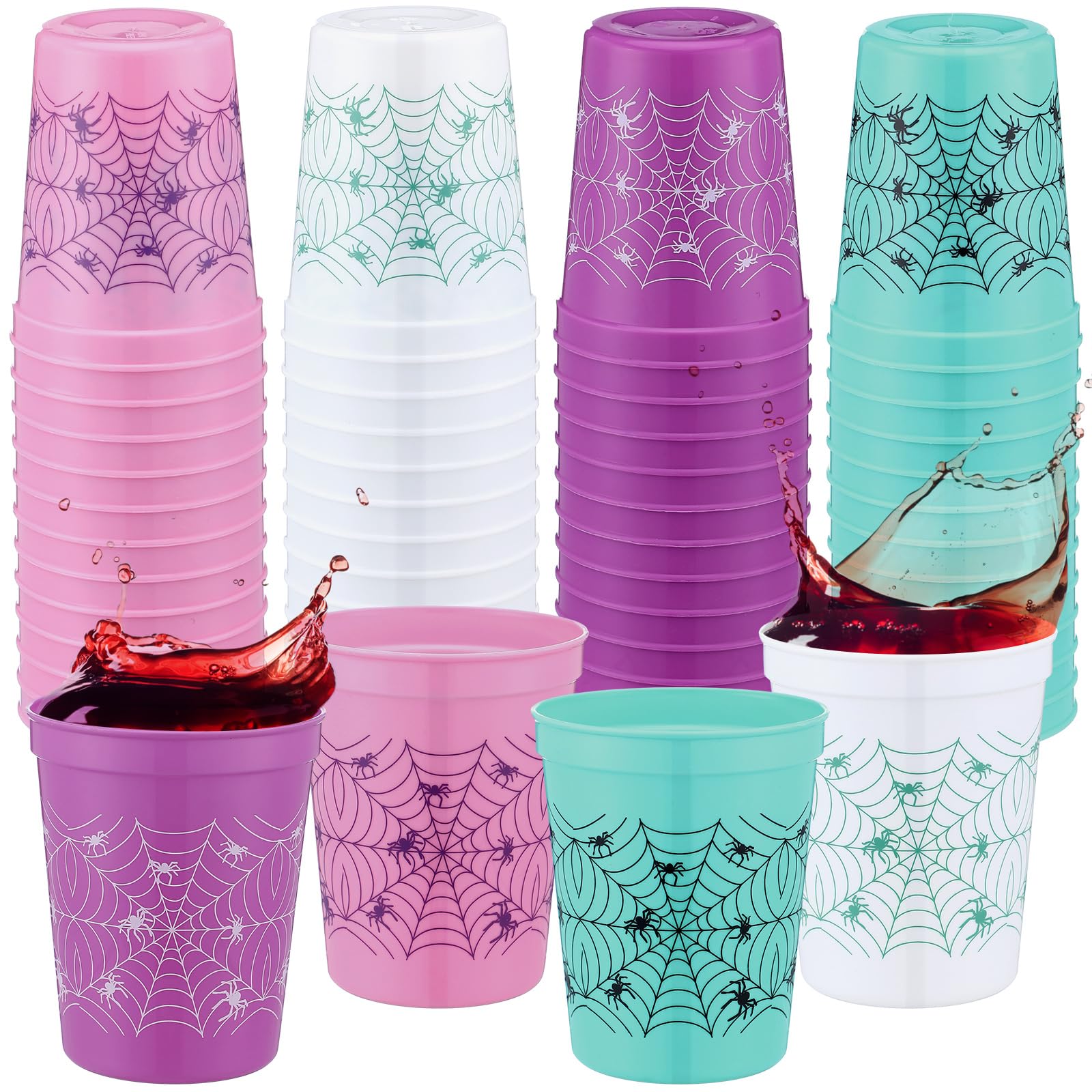 MotiMind 48 Pcs Spider Party Supplies Reusable 16 oz Plastic Cups Bulk Web Print Fun Drinkware Cartoon Themed Cups Pink Ghost Spider and Friends