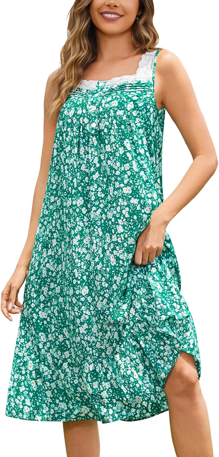 YOZLY Cotton Nightgowns for Women Long Sleeveless Night Gown Victorian Nightdress with Pockets S-XXXL
