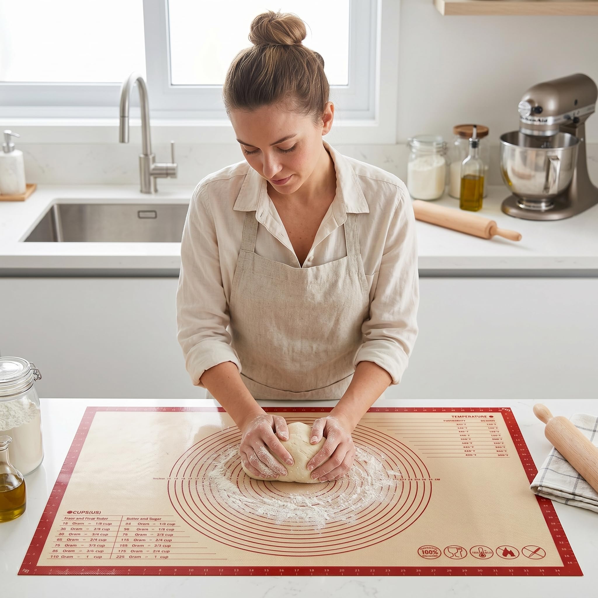 Tapis de pâtisserie en silicone avec mesures, 91,4 x 61 cm, extra épais, antidérapant, antiadhésif, XL, pour rouler la pâte, pétrir, fondant et tarte, rouge