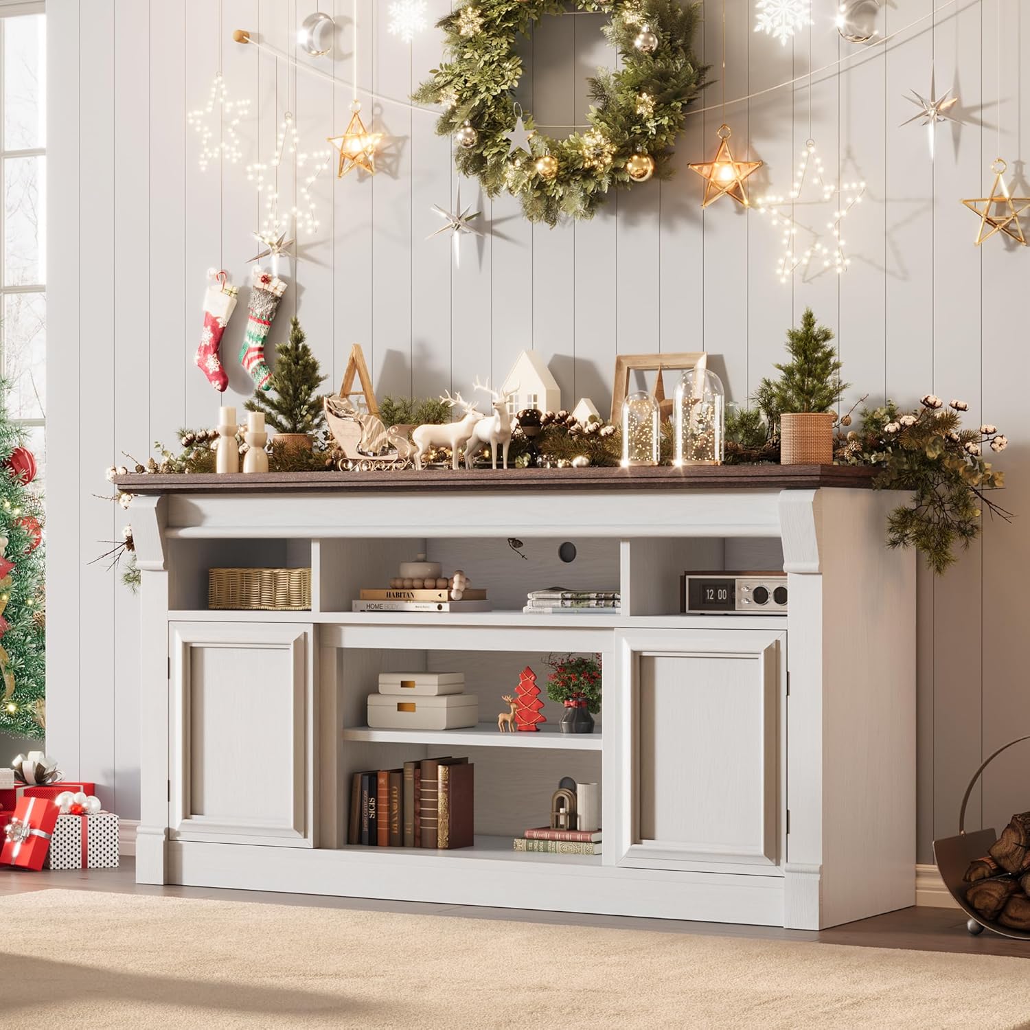 IDEALHOUSE Farmhouse TV Stand for TVs Up to 65", Entertainment Center with Open Storage & Adjustable Shelves, TV Console with Doors for Living Room and Bedroom
