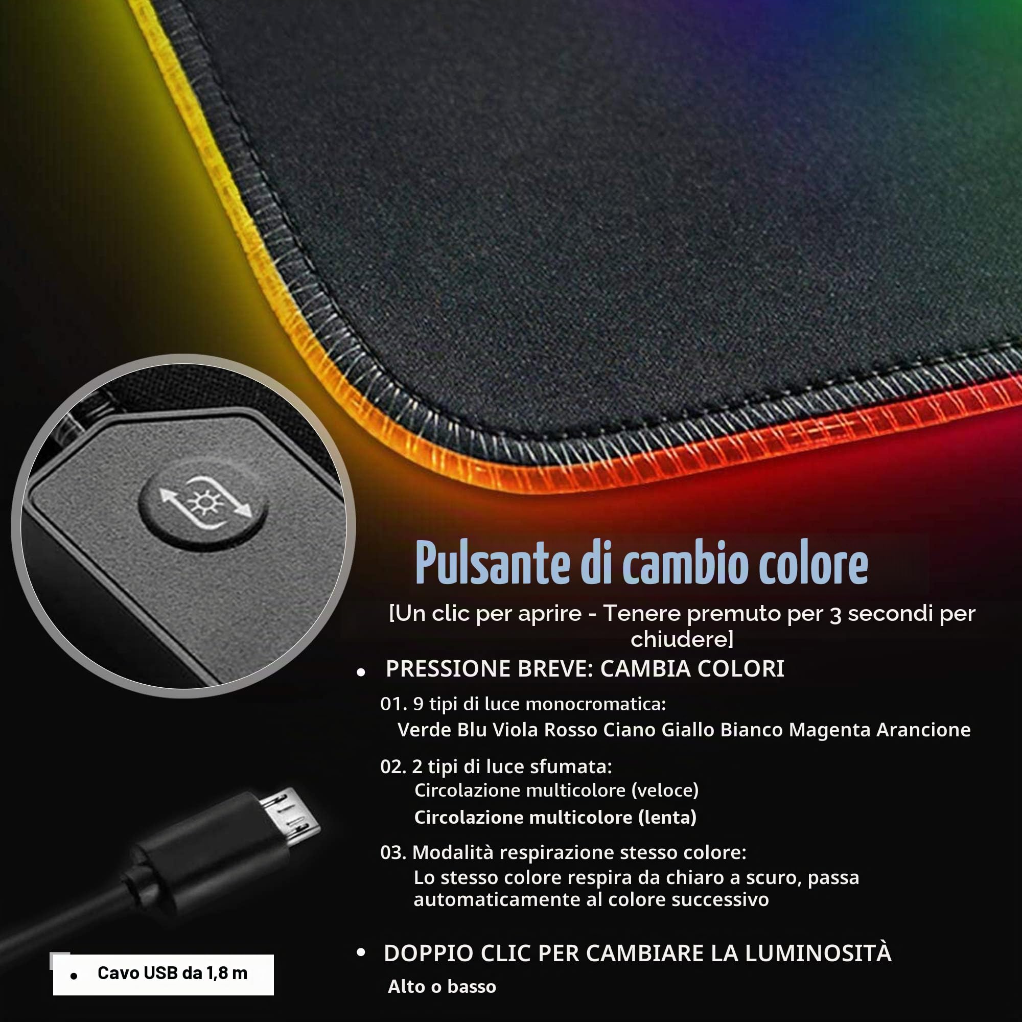 RGB Tappetino per Mouse Gaming XXL 900 x 400 mm Grande Mouse Pad 12 LED Effetti Luce Superficie Liscio Antiscivolo Computer PC e Laptop Tappetino per Mouse Lupo