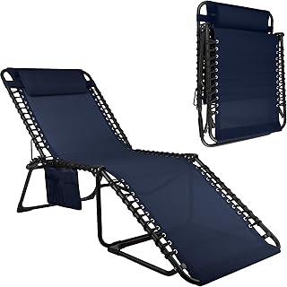 Folding Lounge Chair Outdoor Recliner - 3 Position Chaise Lounge Outdoor Beach Tanning Chair with Side Pocket and Removable Pillow - Portable Patio Furniture for Pool or Lawn by Lavish Home (Navy)