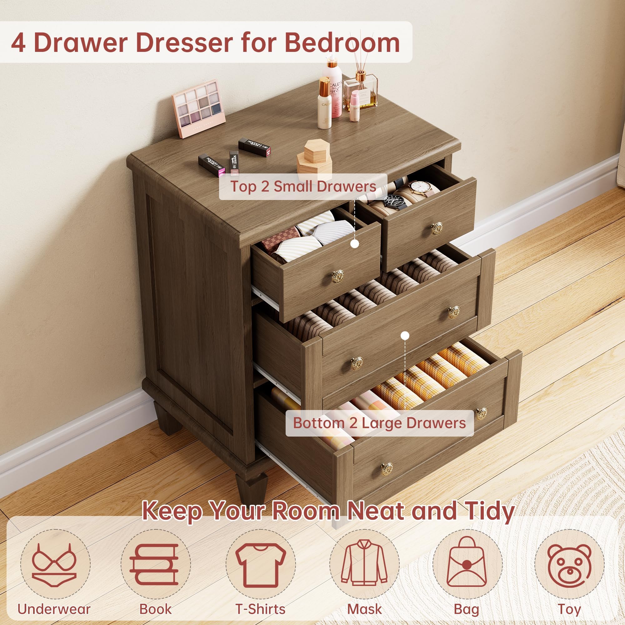 IDEALHOUSE Vintage Kommode mit 4 Schubladen, Holz-Schubladenschrank mit 2 kleinen & 2 großen Schubladen, Geschnitzte Griffe & konische Beine, Hellbraun