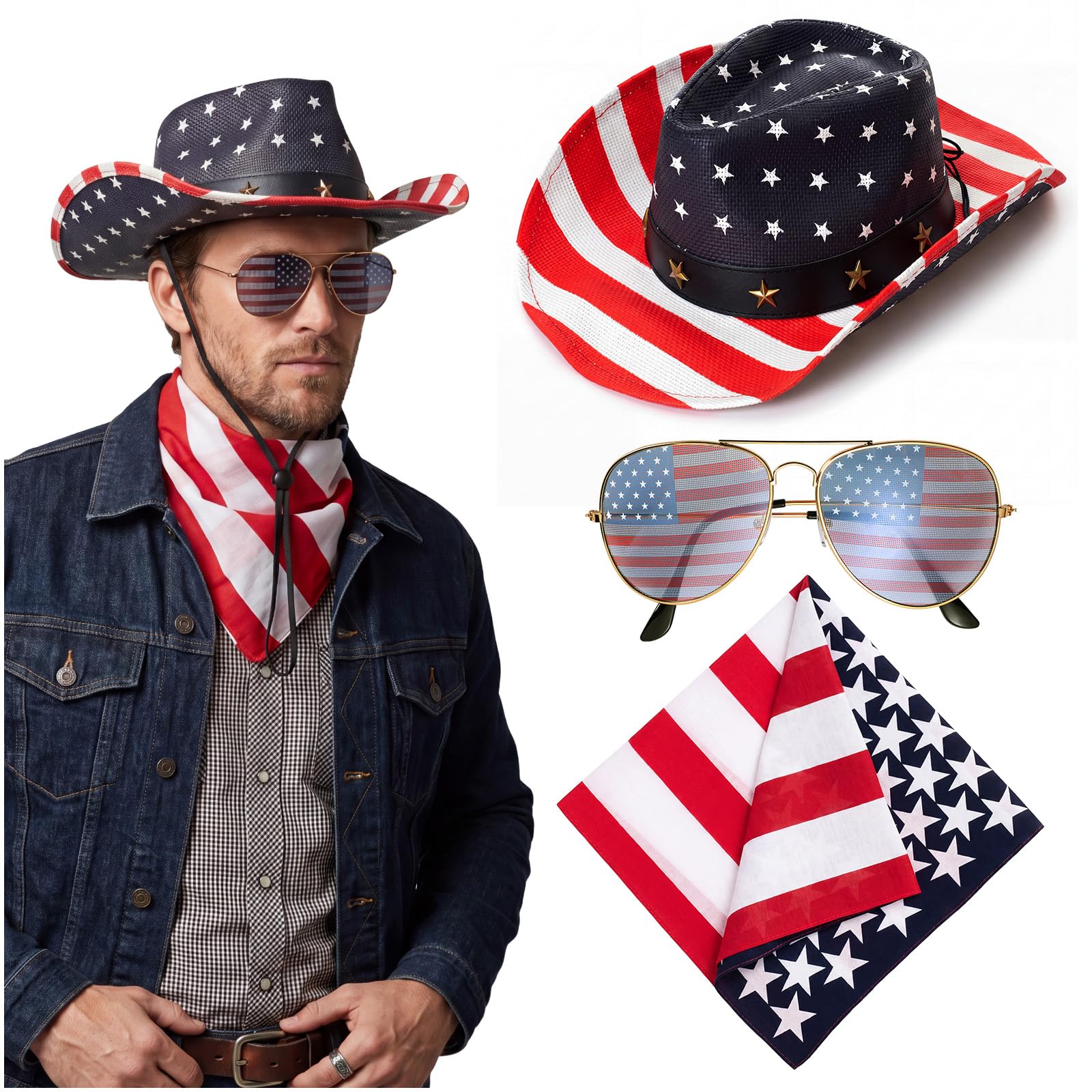 3 Pcs American Flag Cowboy Hat with Bandana Glasses and Strap