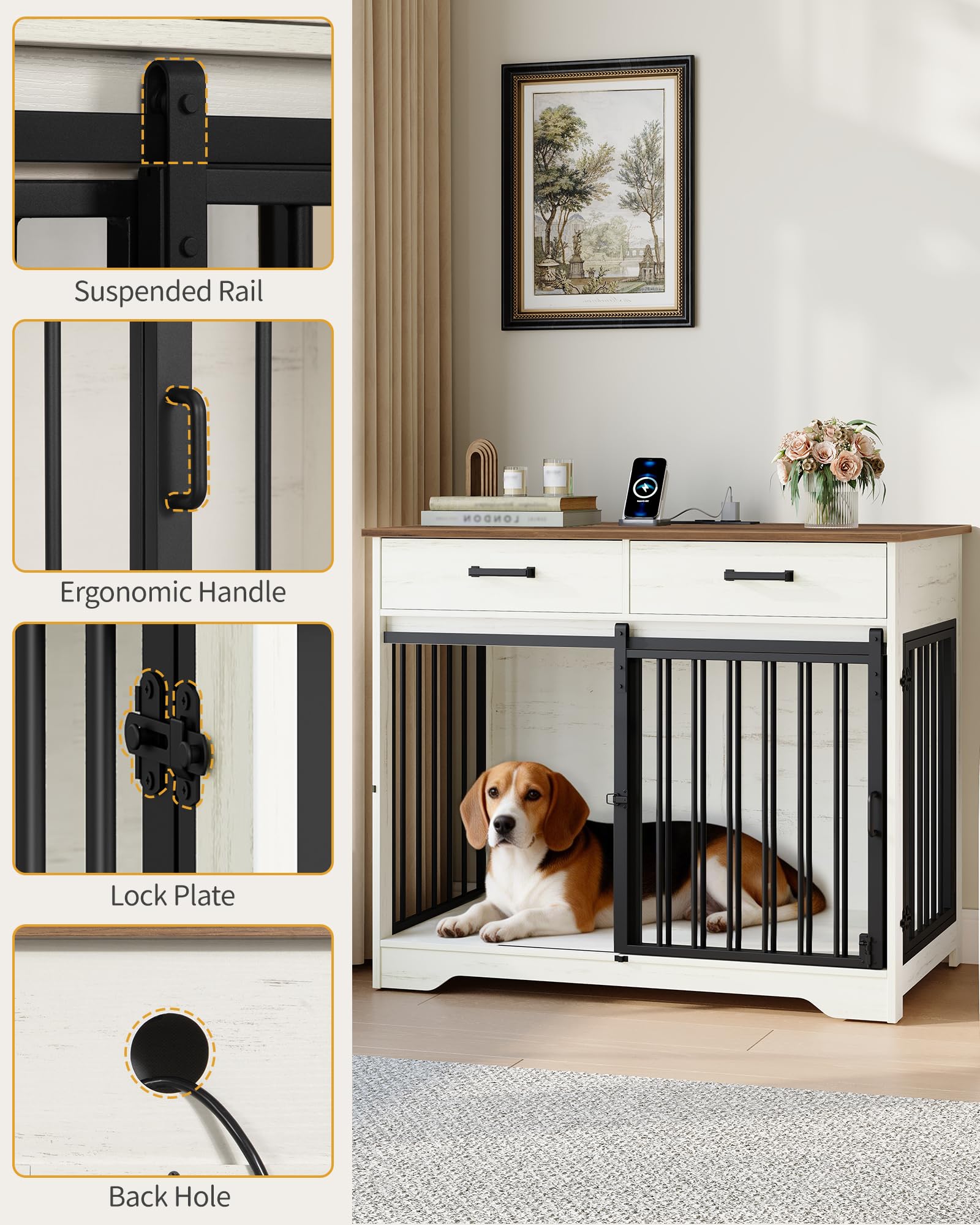Hzuaneri Hundekäfig Möbel mit Steckdose, Hundebox für Zuhause mit Schiebetür im Scheunentür-Stil & 2 Schubladen, 3-Türen Sideboard für Mittel/Große Hunde, 97 x 56 x 81 cm, Weiß Braun DFC90314BEU