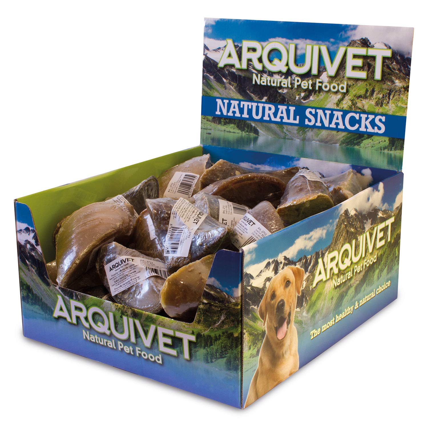 ARQUIVET Expositor 20 unidades Pezuña de ternera rellena de pollo - Snacks naturales para perros - Caja, bolsa de chuches, golosinas, premios, chucherías y recompensas caninas