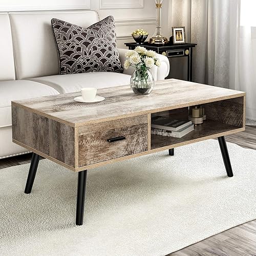 YITAHOME Mid-Century Coffee Table with 1 Drawer and Open Storage Shelf for Home Living Room, Cocktail Table, TV Table, Office Table, Grey Wash