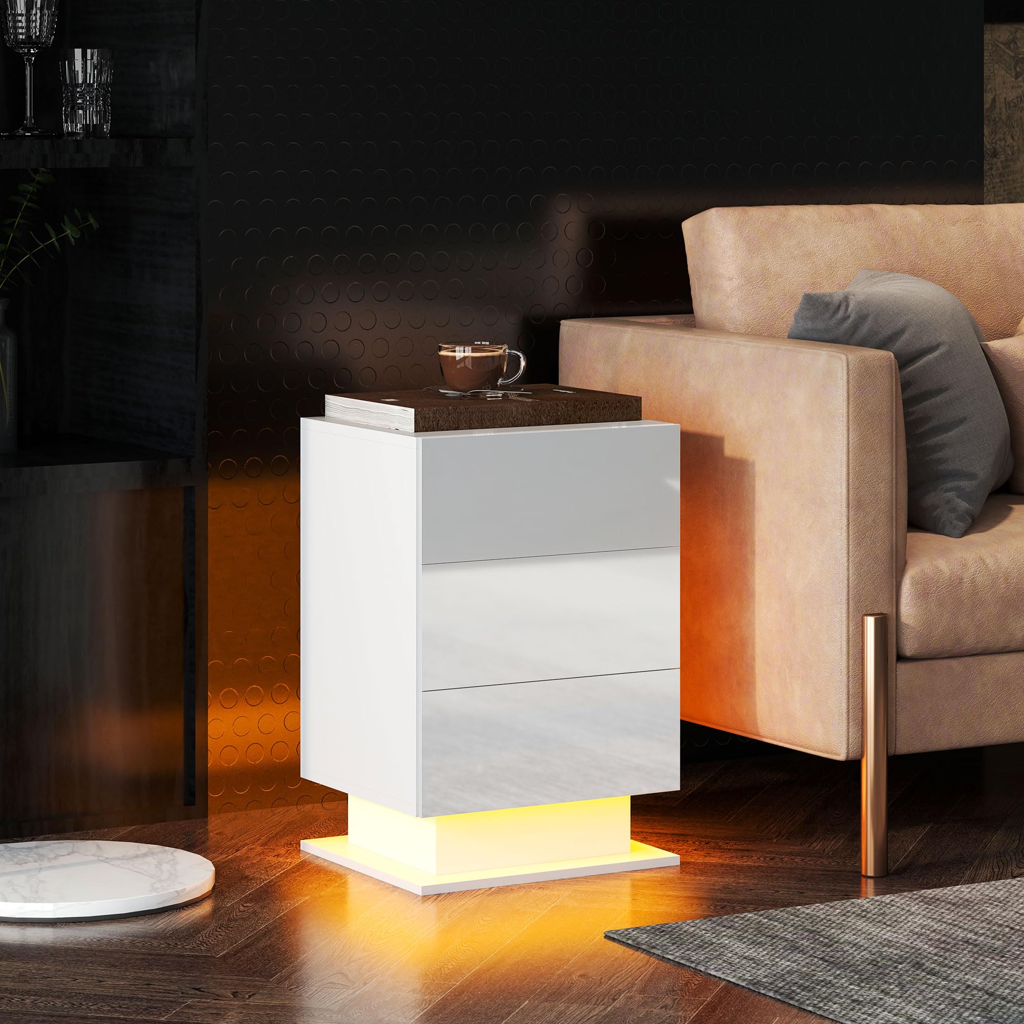 HOMCOM Mesita de Noche con Tira LED 3 Cajones 40x35x60 cm Blanco Brillo