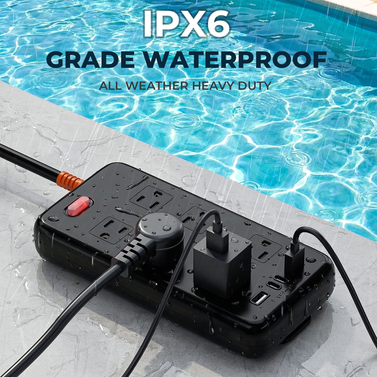 Odporna na warunki atmosferyczne listwa zasilająca 10 w 1 z 6 szerokimi gniazdami, 2 x USB A i 2 x USB C, 1875 W/15 A, płaski kabel przedłużający 1,8 m, do