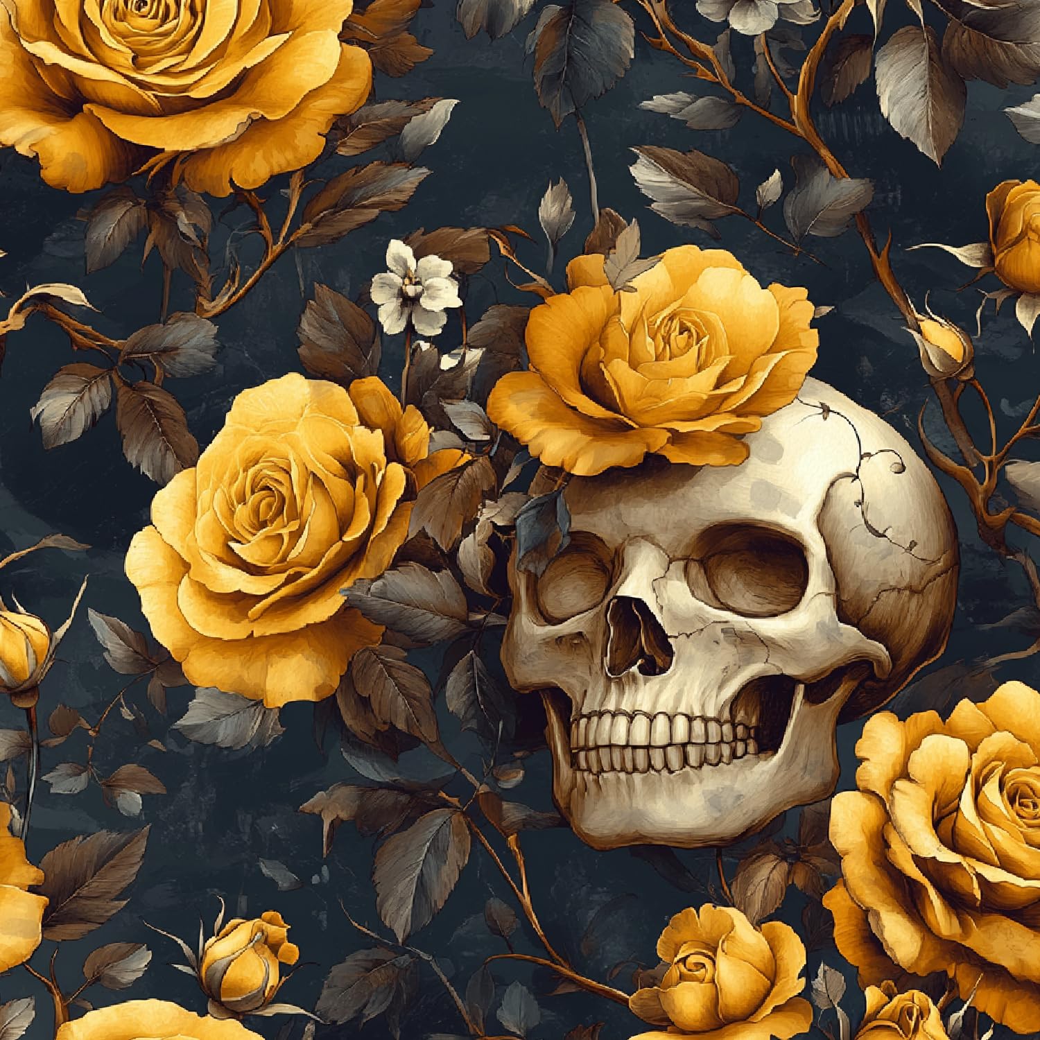 Self Adhesive Wallpaper Modern Style Wall Stick Paper Matte Thick Removable Yellow Rose Gray Leaves Skull Peel and Stick Contact Paper for Bedroom Living Room Kids Room Furniture Decor 45x500CM