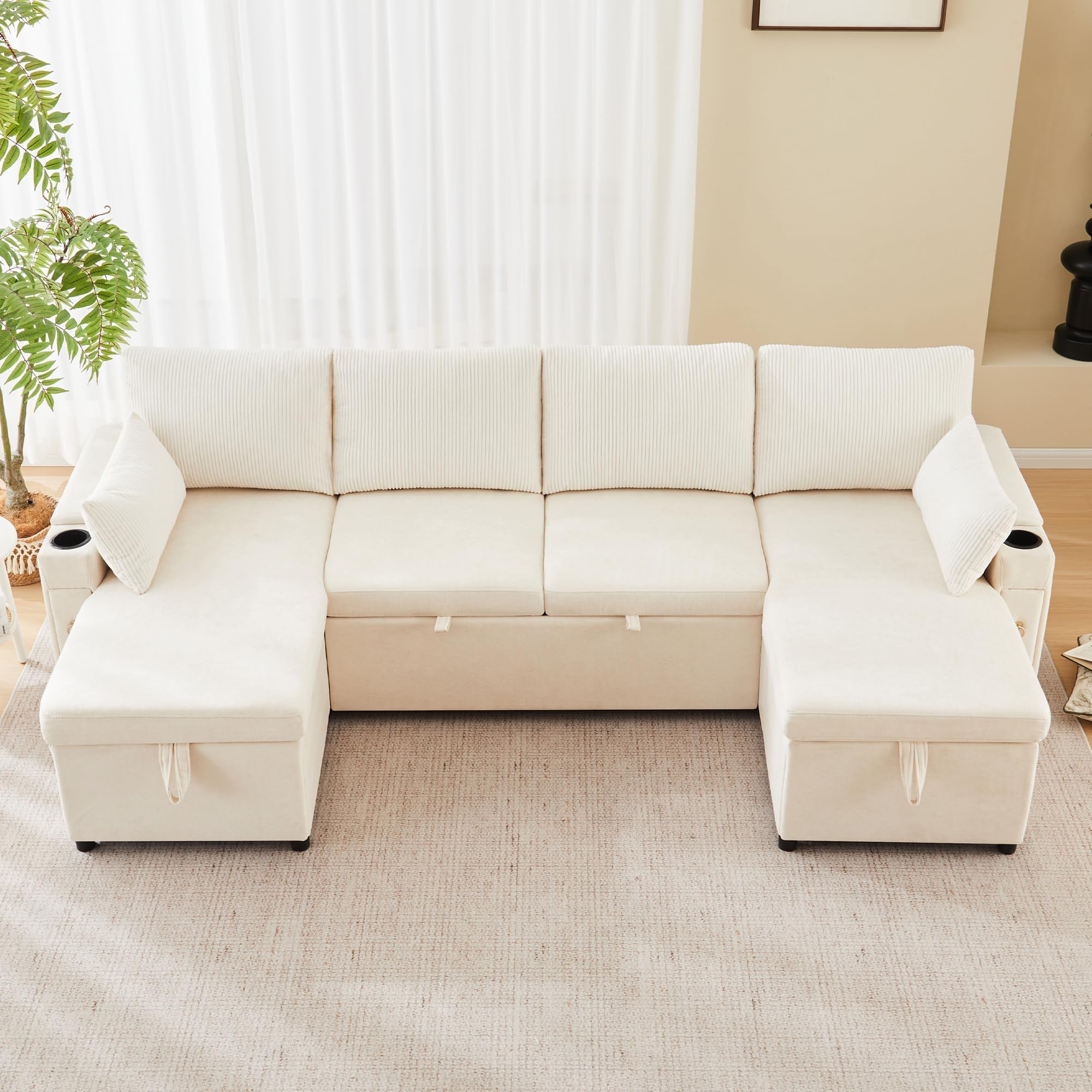 Sofá de esquina en forma de U de terciopelo acanalado con cama para invitados extraíble, sofá moderno de 4 plazas con compartimento de almacenamiento, portavasos y función de cama, asiento tipo chaise