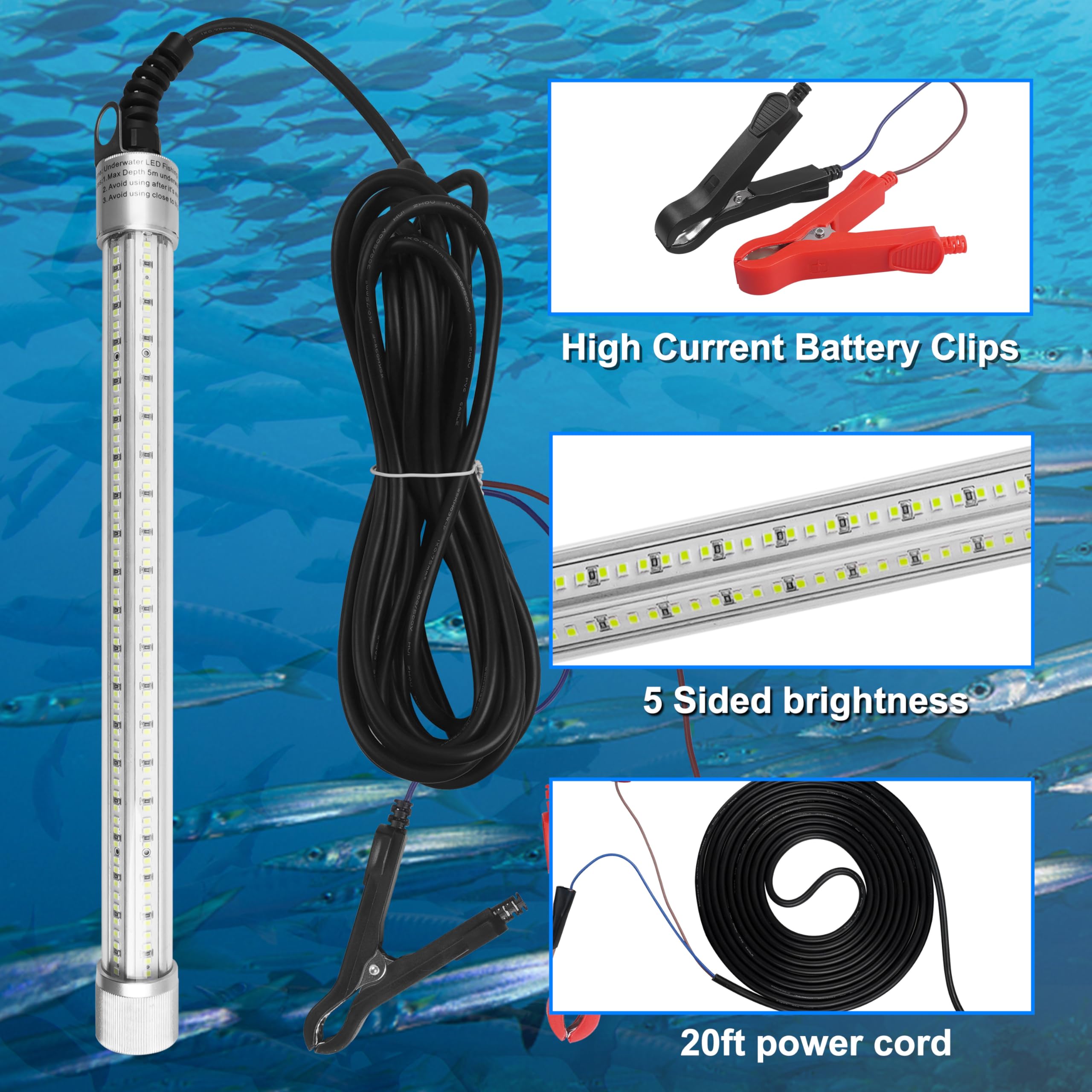 FUSIGO Underwater Fishing Light 30000/40000 Lumens 12V 50W/80W LED Submersible Fishing Light Green Night Fish Attracting Light Waterproof Bait Finder Deep Drop Light Attractants Boat Lamp (80W)