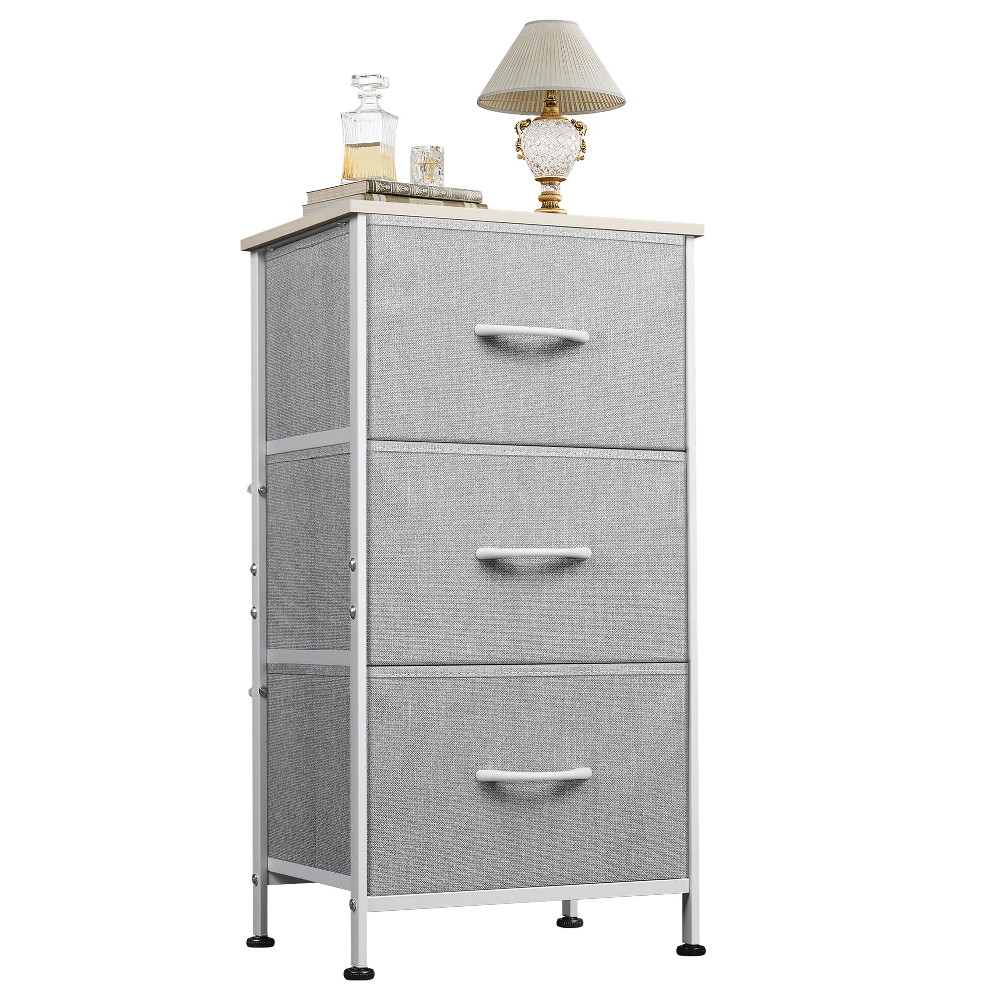WLIVE Nightstand with 3 Drawers, Fabric Dresser, Organizer Unit, Storage Dresser for Bedroom, Hallway, Entryway, Closets, Sturdy Steel Frame, Wood Top, Easy Pull Handle, Light Grey