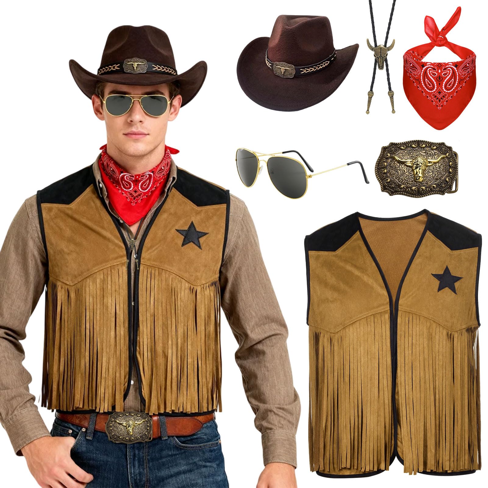 Men's Cowboy Costume Adult Hippie Cowboy Vest with Hat Scarf for Carnival