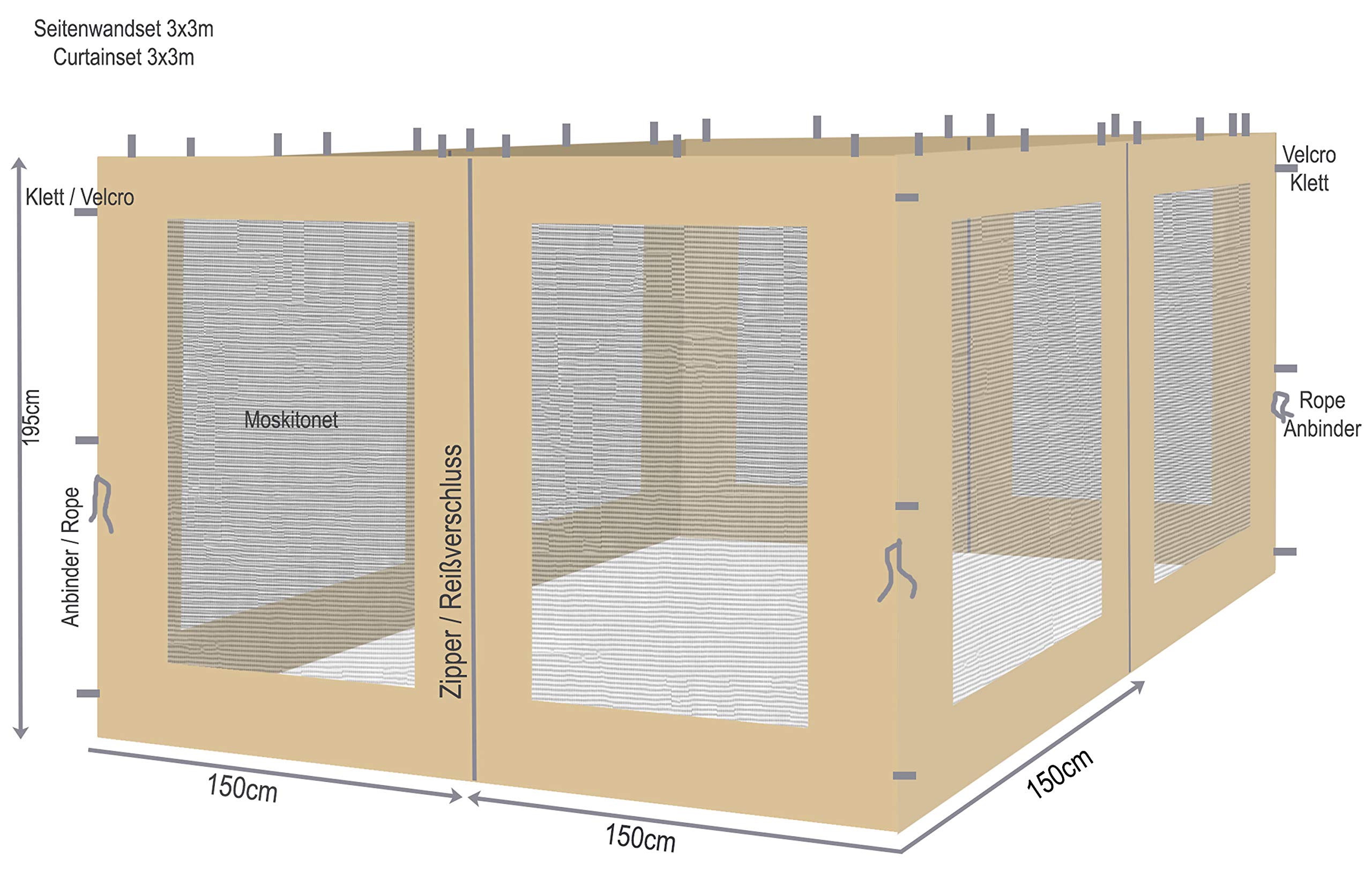 QUICK STAR 4 pareti Laterali con zanzariera per Gazebo 3 x 3 m Parete Laterale Beige