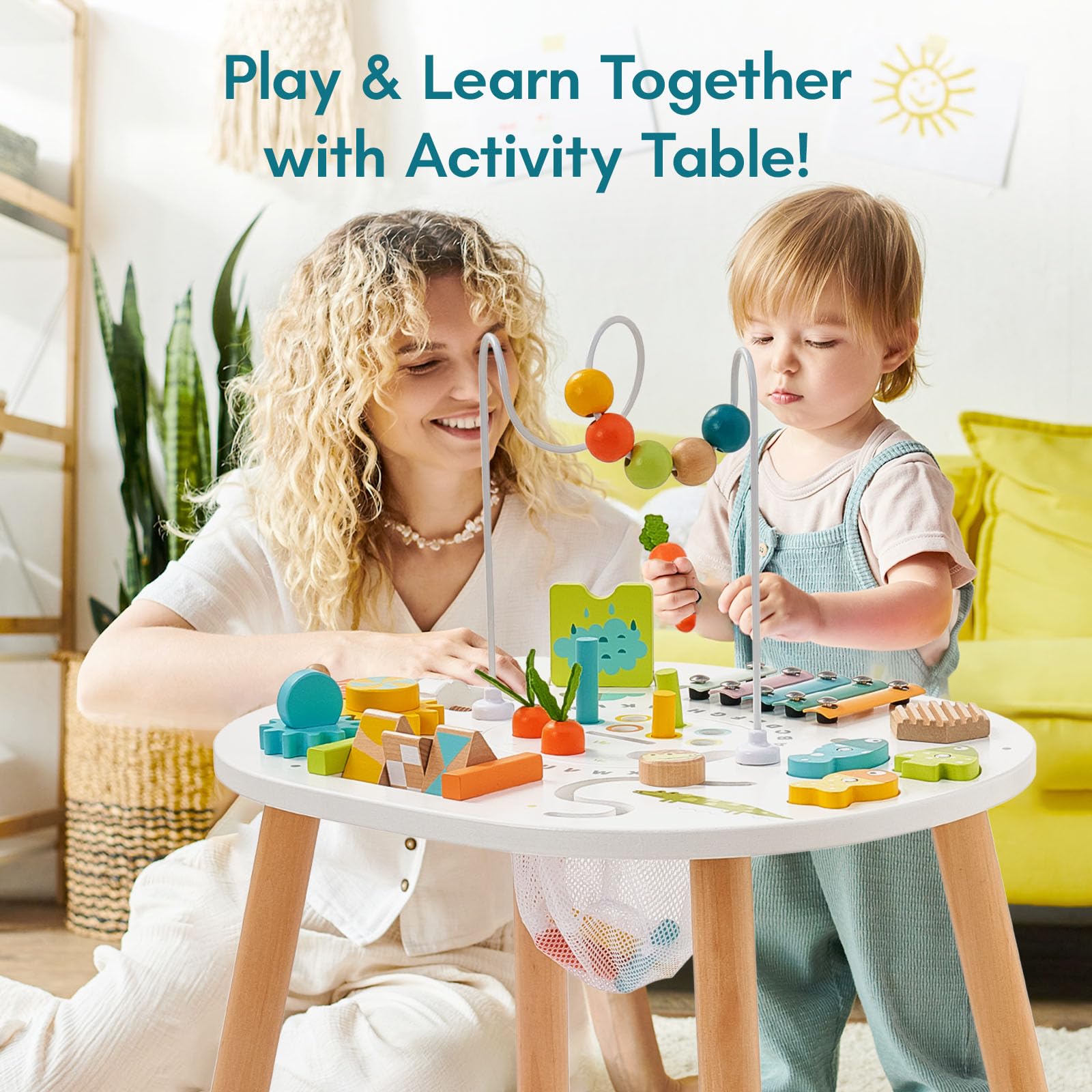 Giant bean Holz Aktivitätstisch für Kinder 1+, 11-in-1 Activity Tisch mit Lern und Motorik Spielzeug für Kleinkinder ab 12 Monaten, Geschenk Motoriktisch Spielzeug ab 1 2 3 Jahre Mädchen Junge