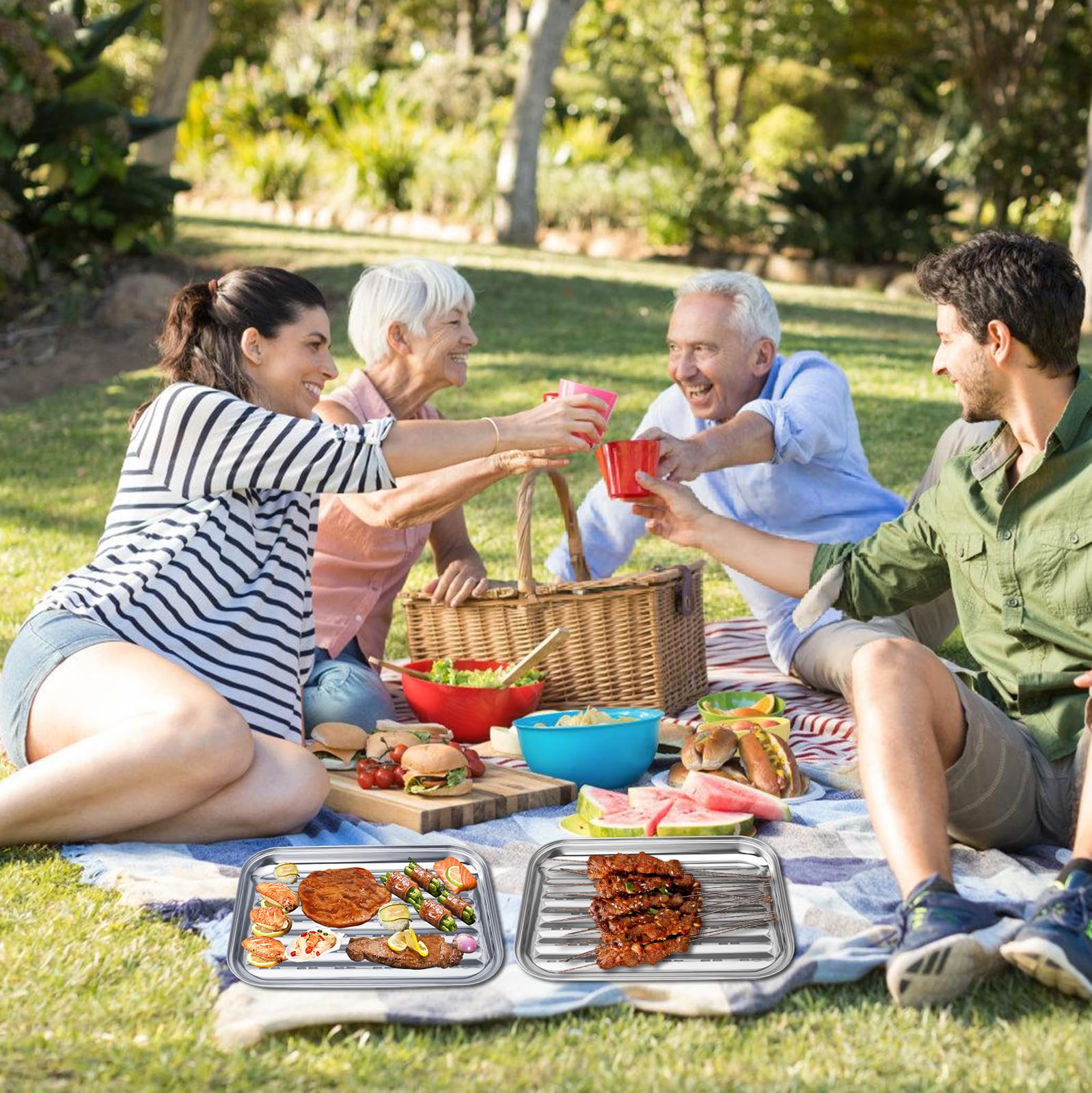 Juego de 2 bandejas para barbacoa con 2 cepillos de silicona, cesta de acero inoxidable para exteriores, bandeja reutilizable para barbacoa, accesorios para verduras, carne, carne, queso y br