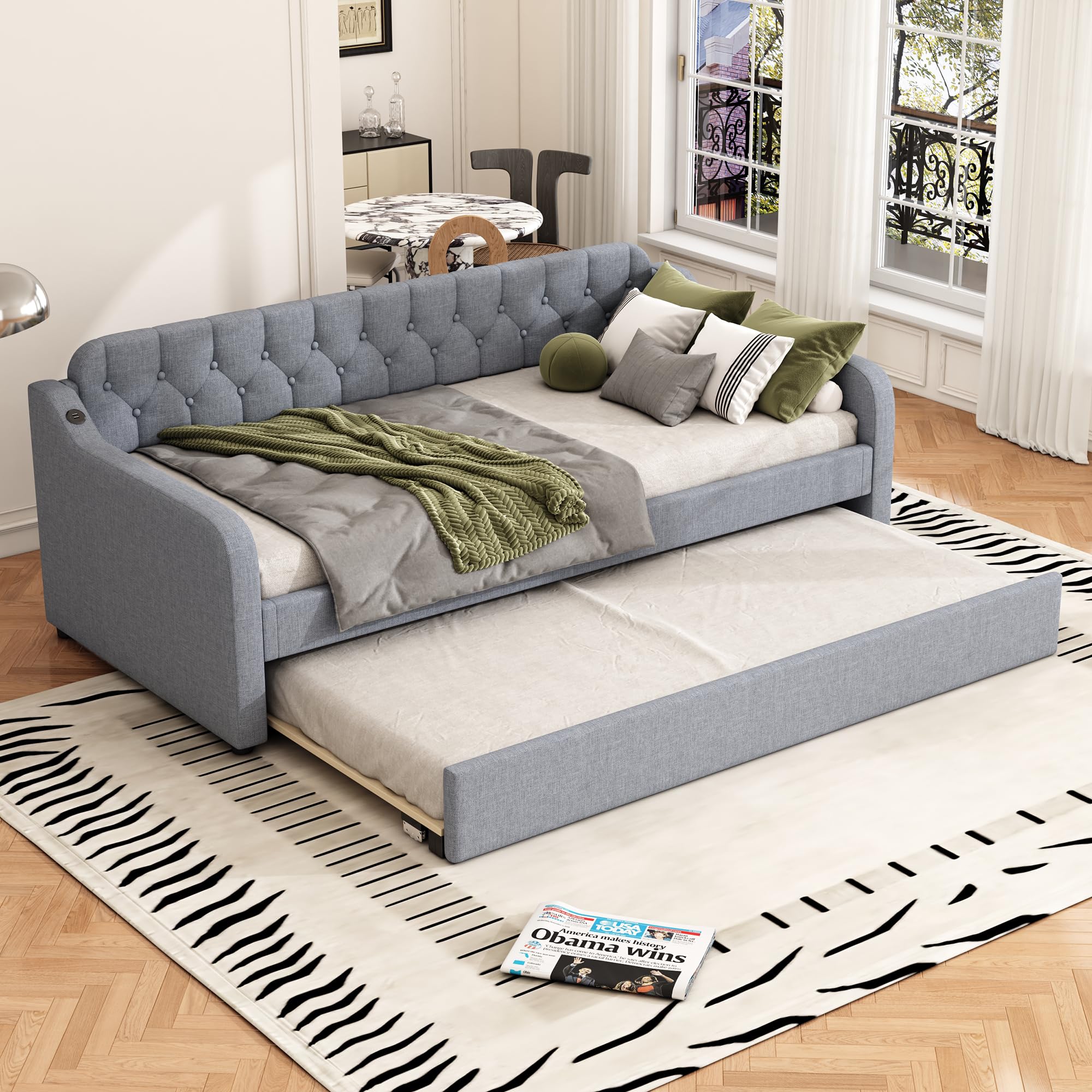 Idemon Sofá cama de 90 x 200 cm, cama de día con cama abatible, puerto USB (gris)