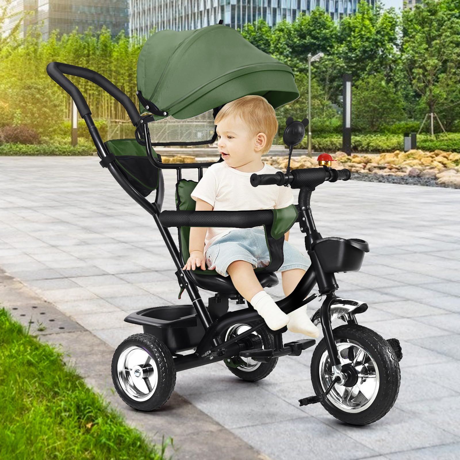 OHMG Triciclo bebé evolutivo 5 en 1 bicicleta. Silla de paseo con mango de empuje, toldo desmontable, cinturón de seguridad de 5 puntos, almacenamiento, reposapiés, freno, para niños de 1 a 5 años