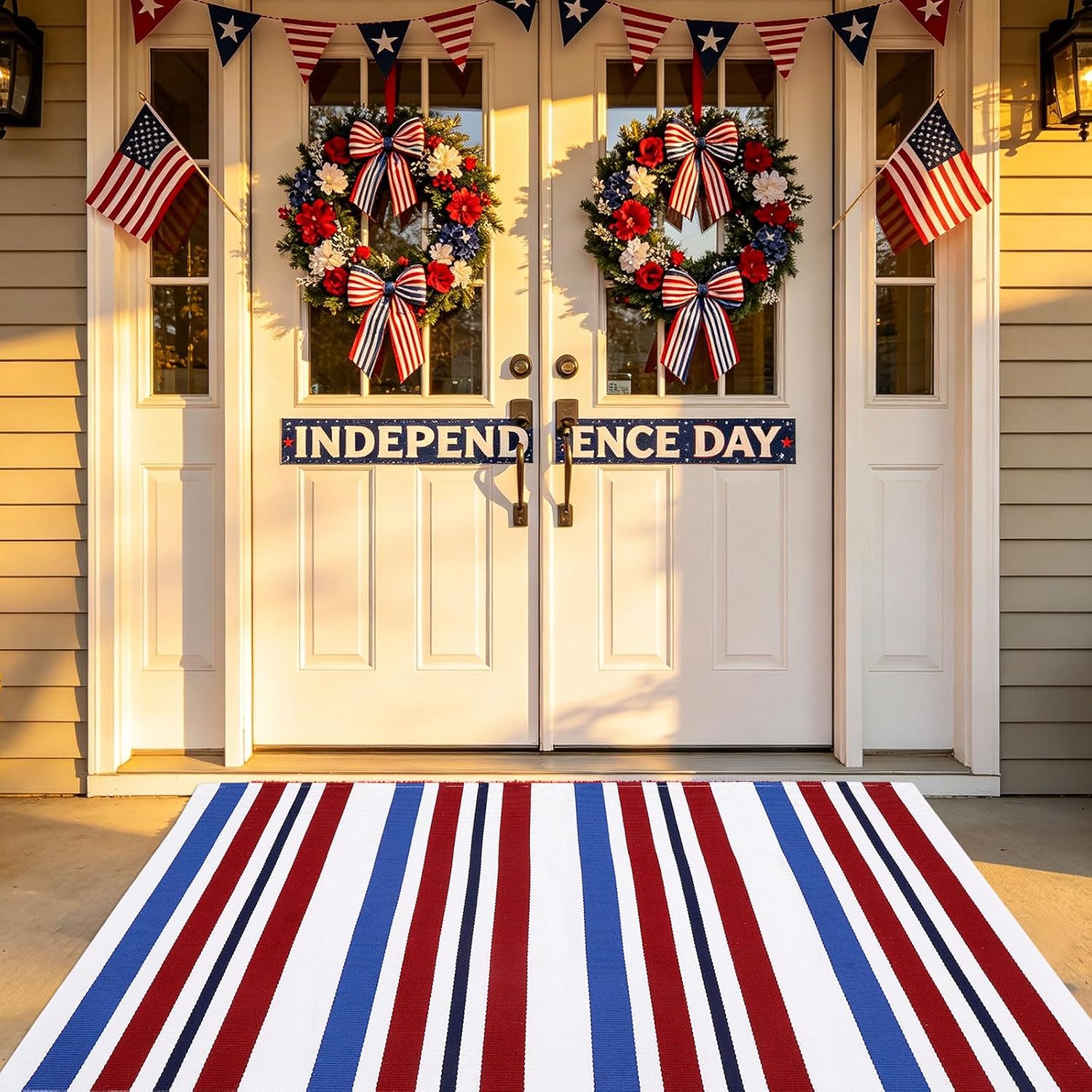CAINANEL Blue/White/Red Striped Rug 4th of July Door Mat 3' x 5' Summer Front Porch Rug Independence Day Welcome Doormats for Farmhouse Entrance Porch Outdoors Decor (Blue/red/White, 3' x 5')