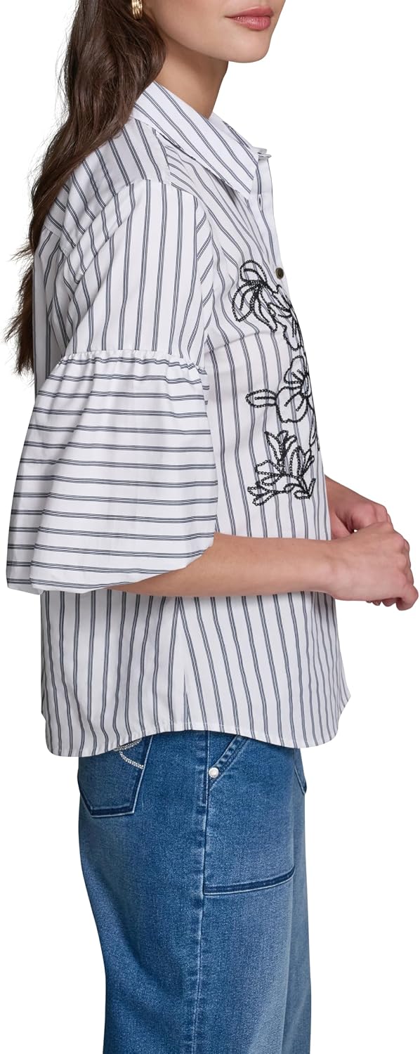 Karl Lagerfeld Women's Short Sleeve Floral Embroidery Stripe Blouse