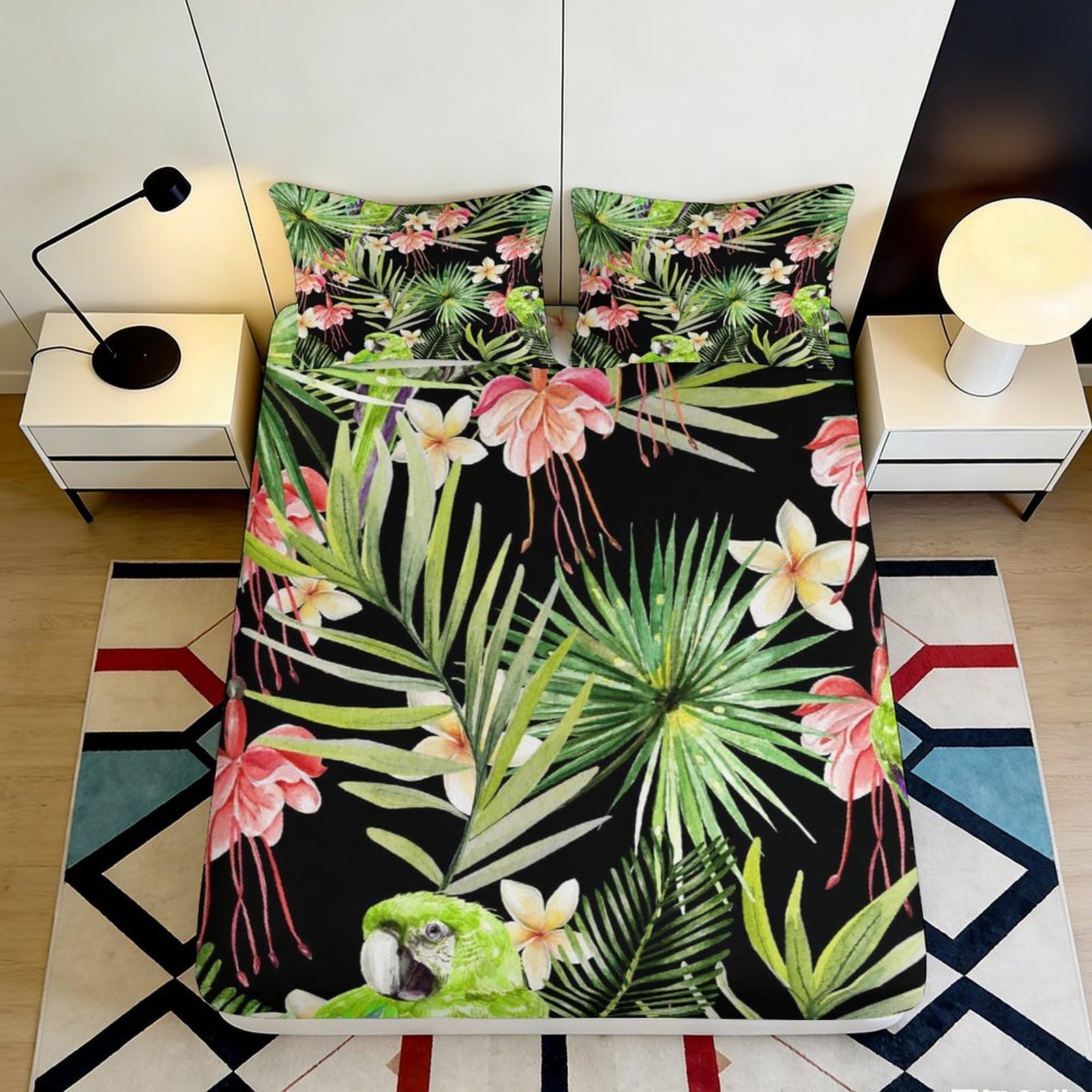 Jqzkxnhpbr Style-9 3D Printed Tropical Leaf Fitted Sheet Microfiber Soft Floral Mattress Cover For Bedroom Guest Room Easy Care Black Green 90X200x25cm