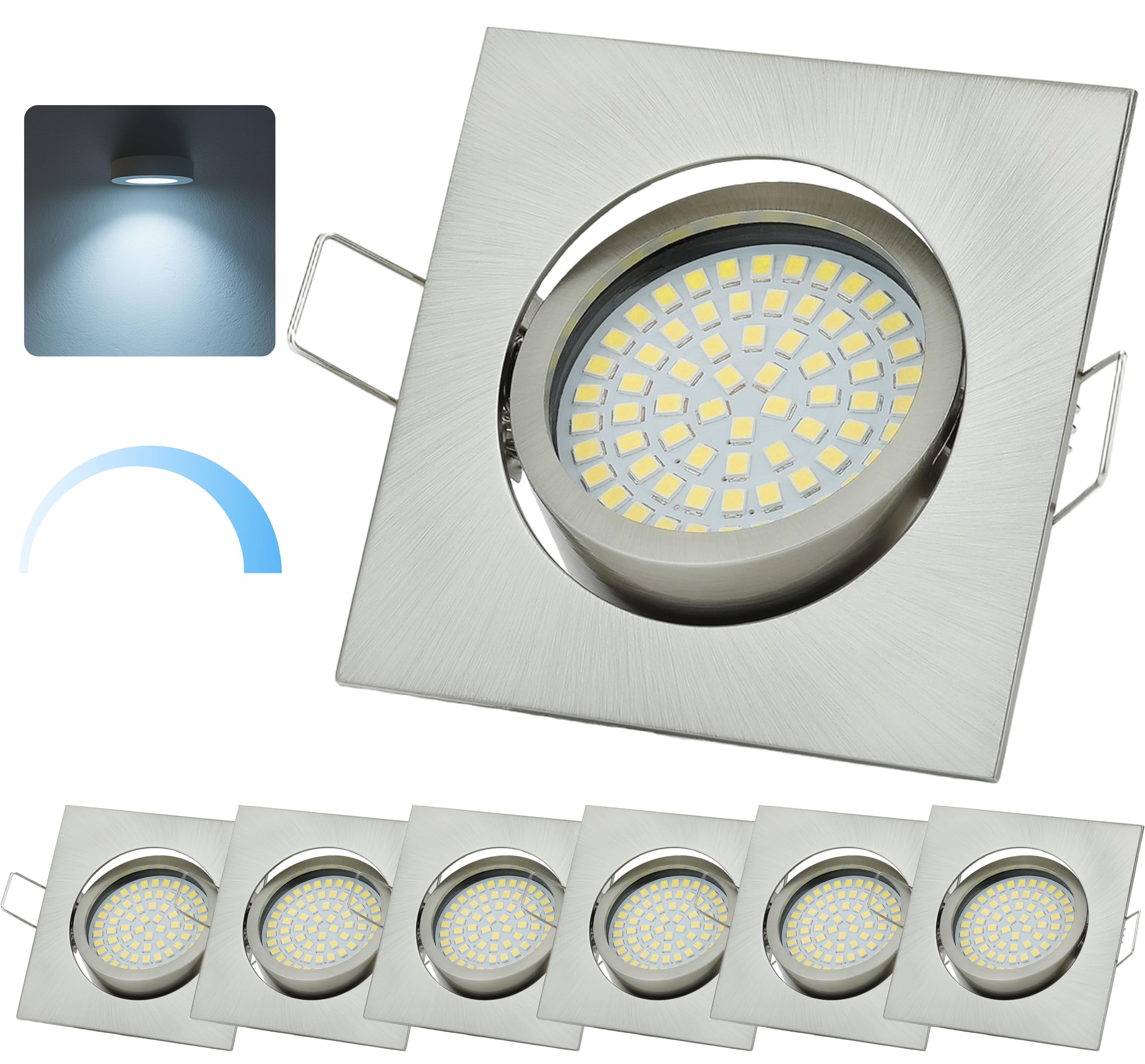 Sweet-led®, set di 6 faretti LED regolabili da incasso, 230 V, 5 W, orientabili, rotondi, cromo spazzolato, 400 lumen, 3000 K, a luce bianca calda moderno Eckig, Chrom Gebürstet, Kaltweiß
