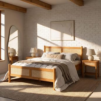 IDIMEX CEFIRA Solid Wood Bed 160 x 200 cm with Rattan Weave Oak Finish - Double Bed Made of Solid Pine Wood Sturdy Wooden Bed in Boho Style