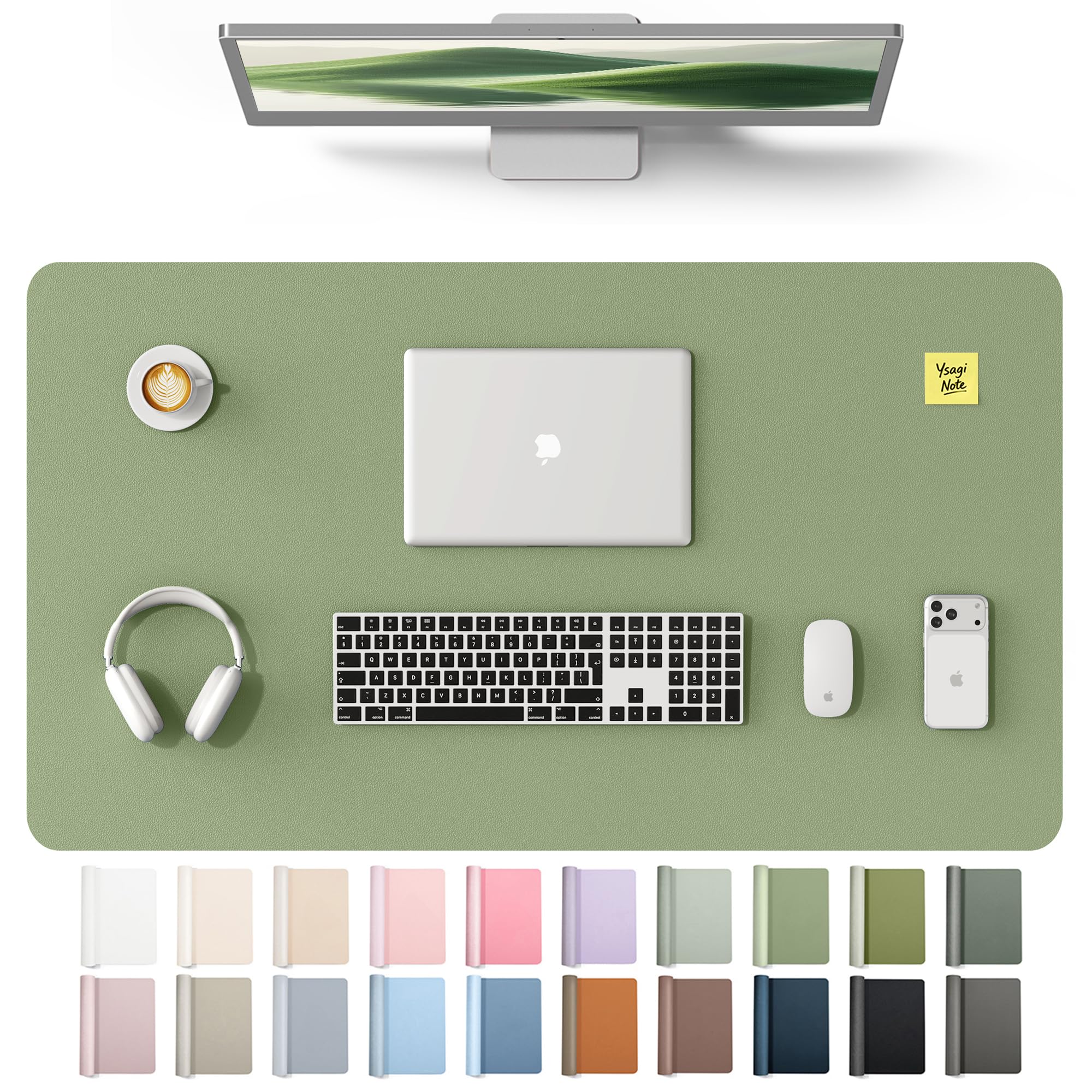 YSAGi Leather Desk Protector, Office Mat, Large Mouse Mat, Non-Slip PU Leather Blotter, Laptop Desk Mat, Waterproof Writing Pad for Office and Home(Bamboo Green, 40" x 24")