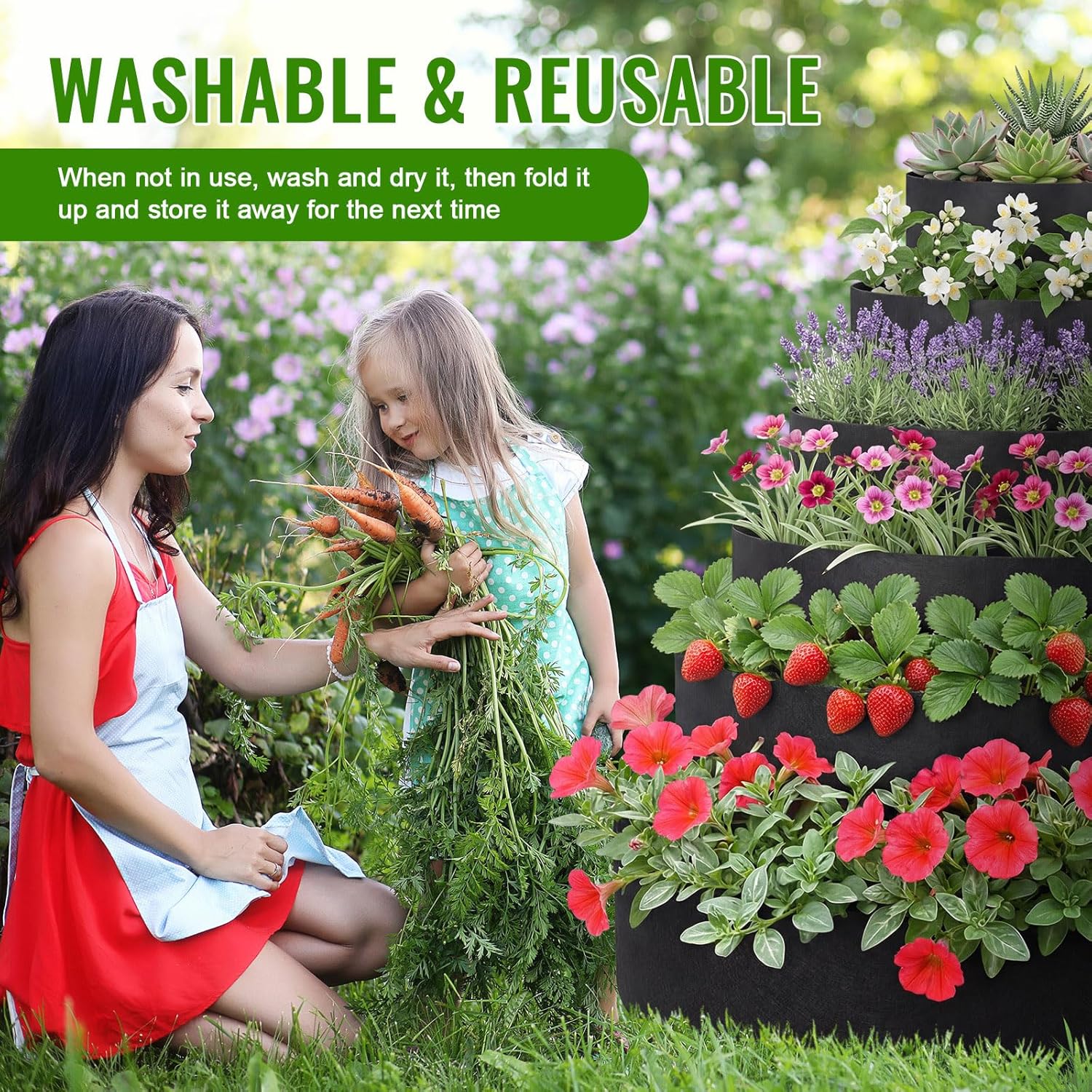 6 Tiered Strawberry Planter for Outdoor Plants, 47 Inch Heavy Duty Strawberry Tower Planter Grow Bags, Breathable Non Woven Fabric Raised Garden Bed for Vegetables Flower Herbs Gardening