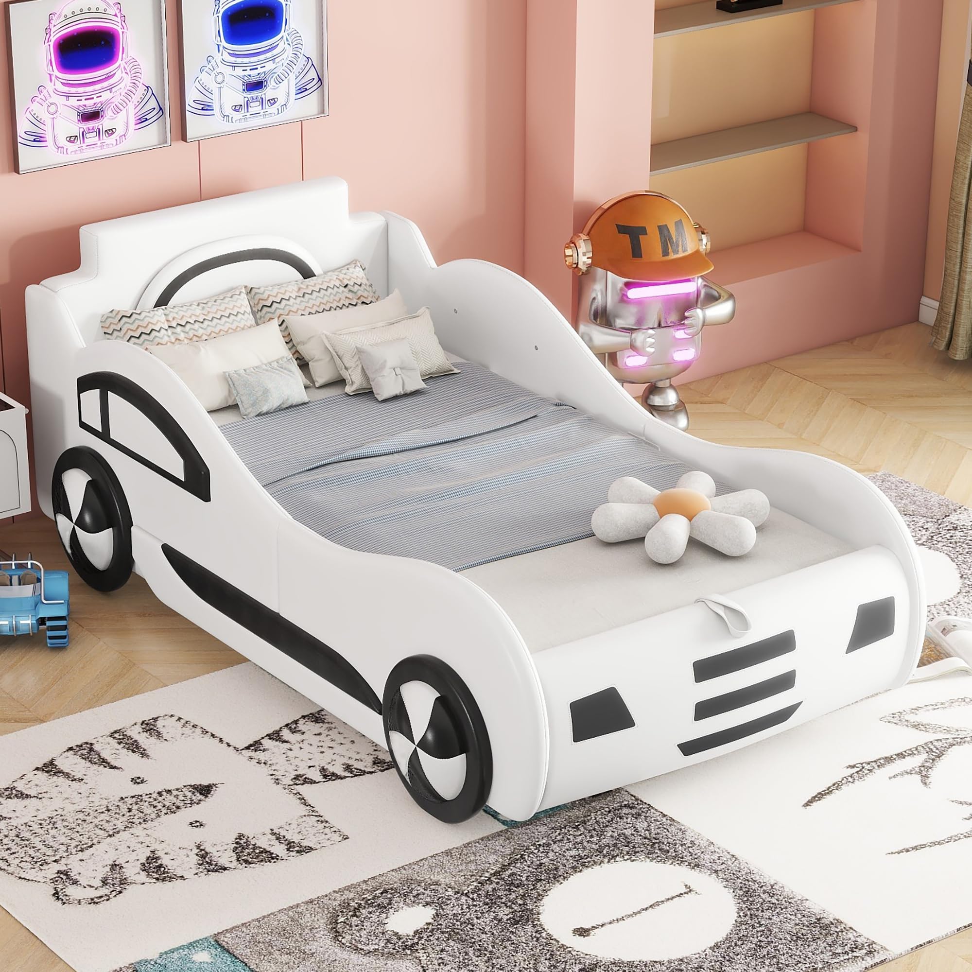 Zepneiy Lit Enfant 90x200 avec Espace de Rangement, Lit Voiture Garcon avec à Lattes, Cadre de lit Simple aus PU Blanc (sans Matelas)