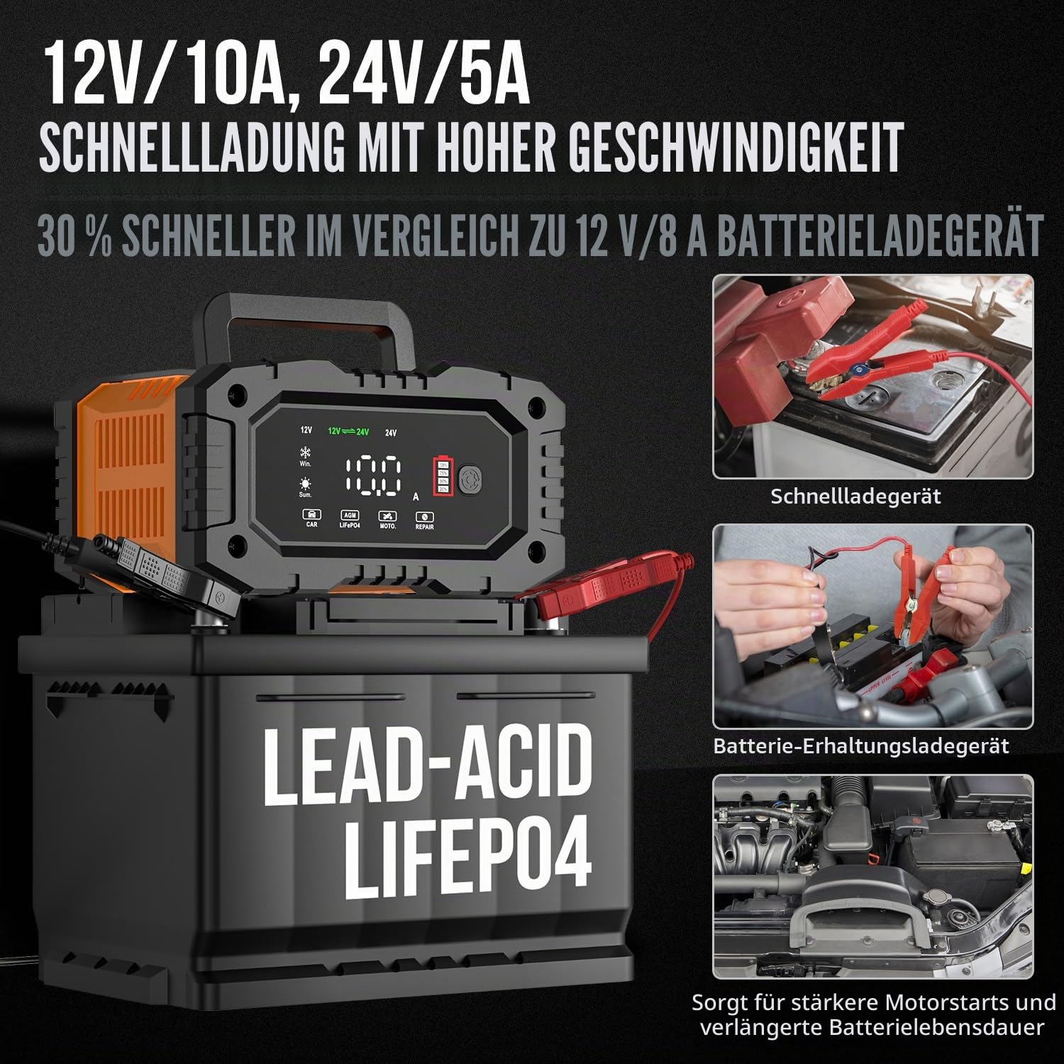 Batterieladegerät 10A, NEXPEAK 12V 24V LiFePO4 Autobatterieladegeräte, Automatischer Maintainer mit Temperaturkompensation für Auto Motorrad LKW, AGM, Gel, Nass, SLA