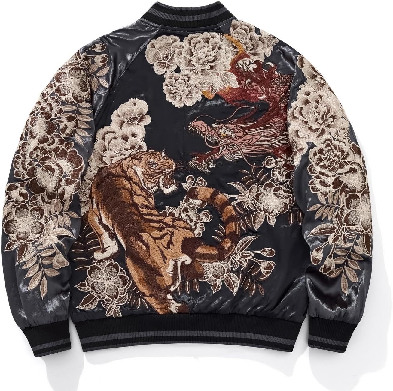 Dragon Tiger Embroidered Bomber Jacket Japanese Retro Streetwear Spring Fall Satin Varsity Coat for Men Women
