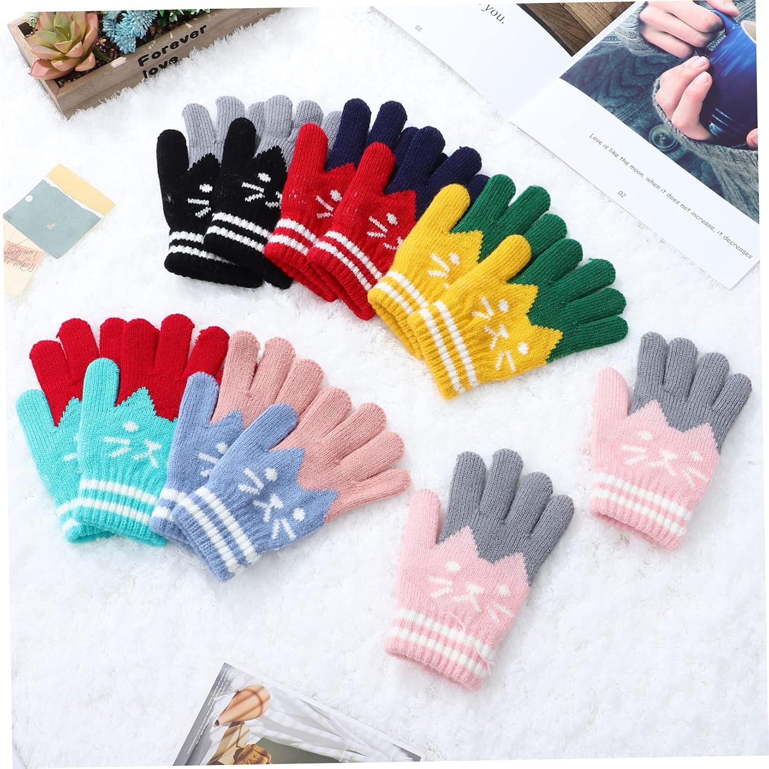 NOLITOY Cartoon Gloves 6 Pairs Kids Mittens Acrylic Thermal Durable Boys Girls Winter Season