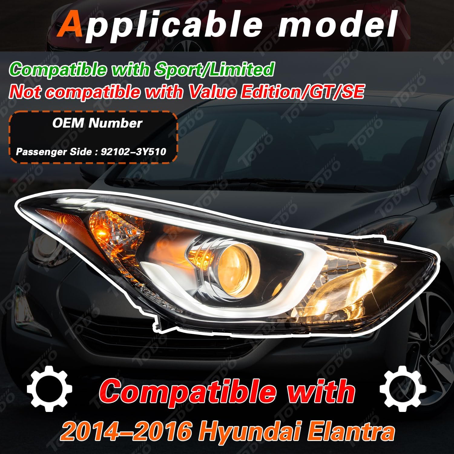 TODO Headlights with LED DRL Assembly Compatible with 2014 2015 2016 Hyundai Elantra Sport Limited Head Light with LED Side Marker Light Replacement 92102-3Y510, Passenger Right Side